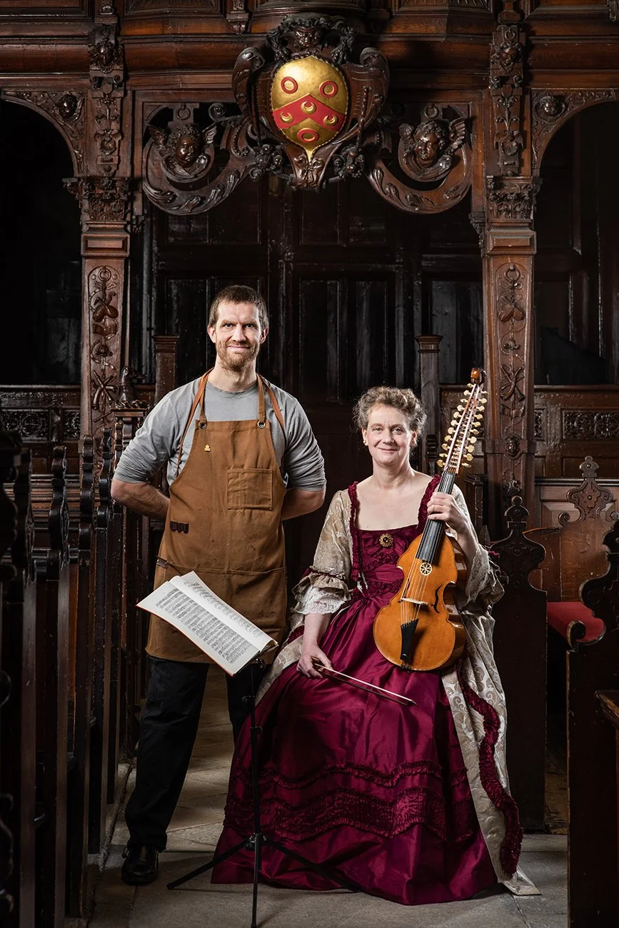 Sam Wingsuit and Rachel Stott with an Englische Violett made by Sam photographed in the chapel of Charterhouse