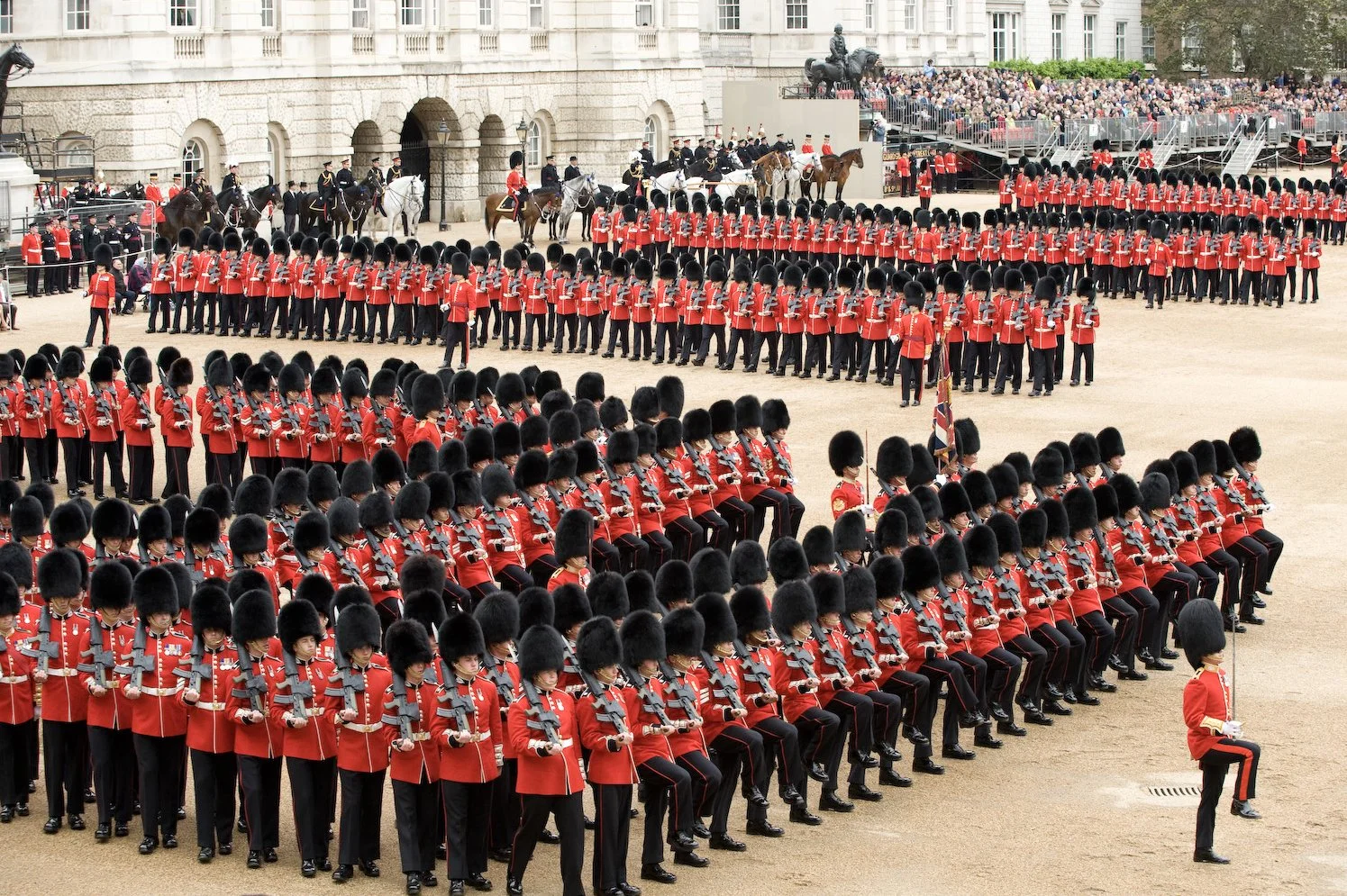 The  six companies on parade march past  Her Majesty the Queen and senior officers and then have to turn left. Known as 'Chaos Corner', ranks of guardsmen proceed to march around the square. One of the many precise drill movements of the day