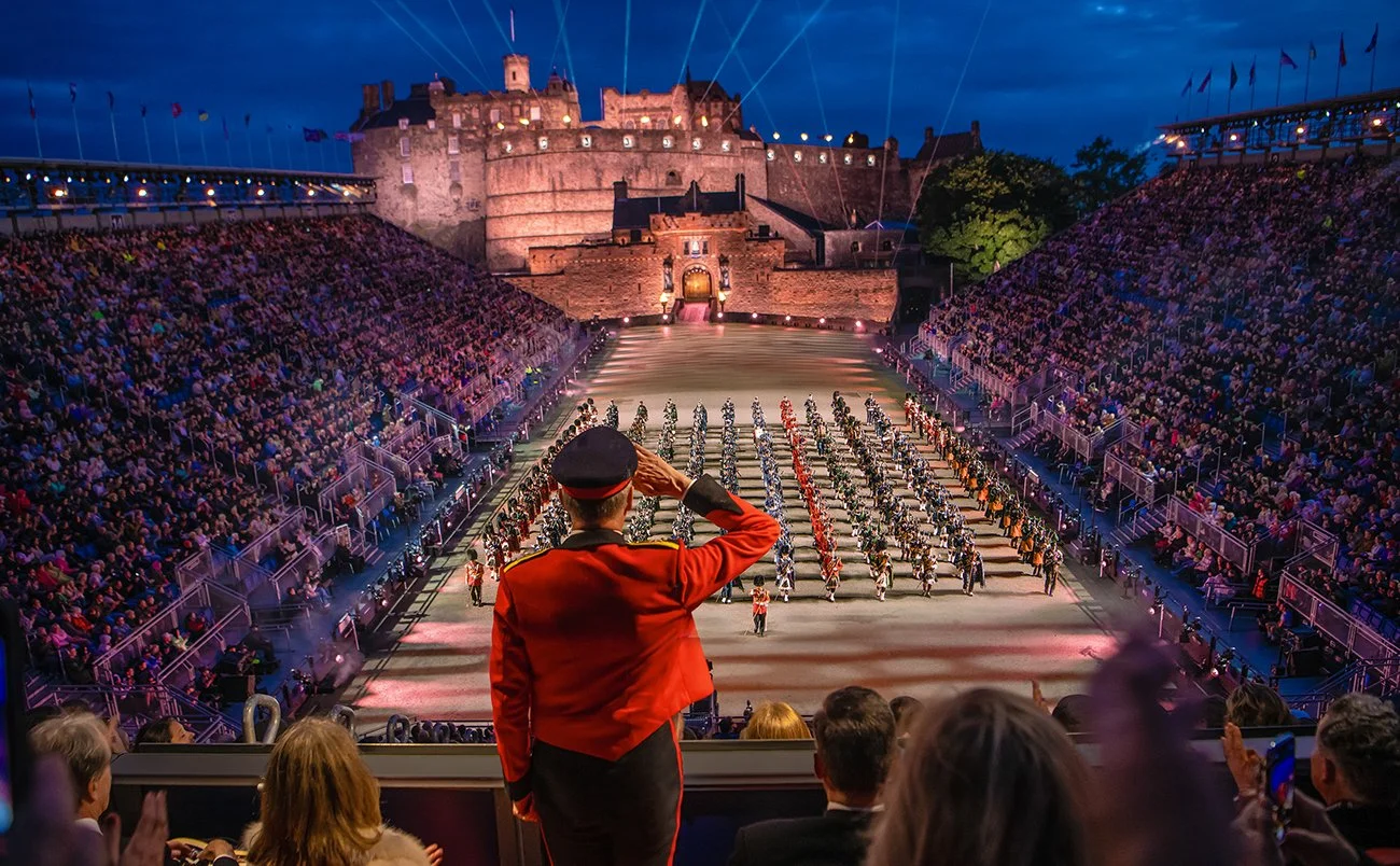 Major General Alastair Bruce, Governor of Edinburgh Castle, takes the salute at the 2024 Edinburgh Military Tattoo