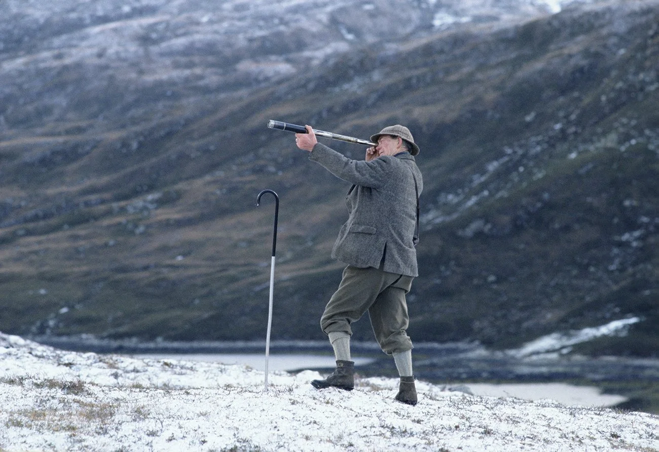 Finlay McInnes, a game keeper wearing a 30 year old Harris tweed suit for a story on tweed