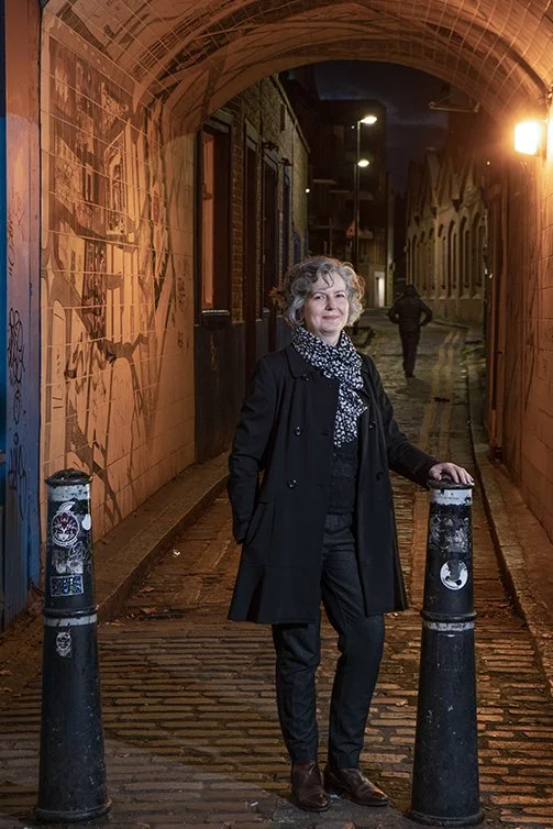 Sarah Bax-Horton author of a book on Jack the Ripper standing in Gunthorpe Street, the site of his first murder