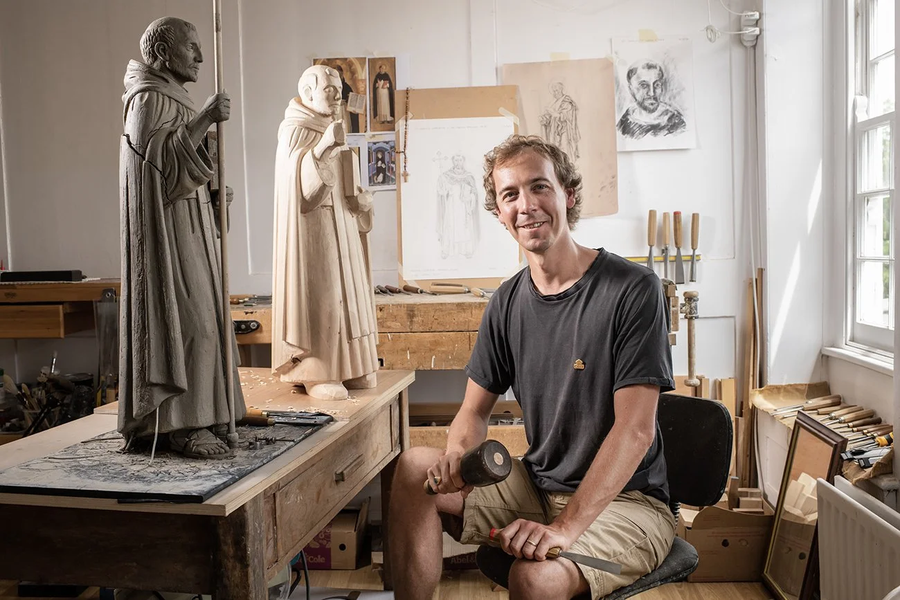 Boys Burrough carving a statue of St. Dominic, in lime wood, commissioned by a convent in northern France. 