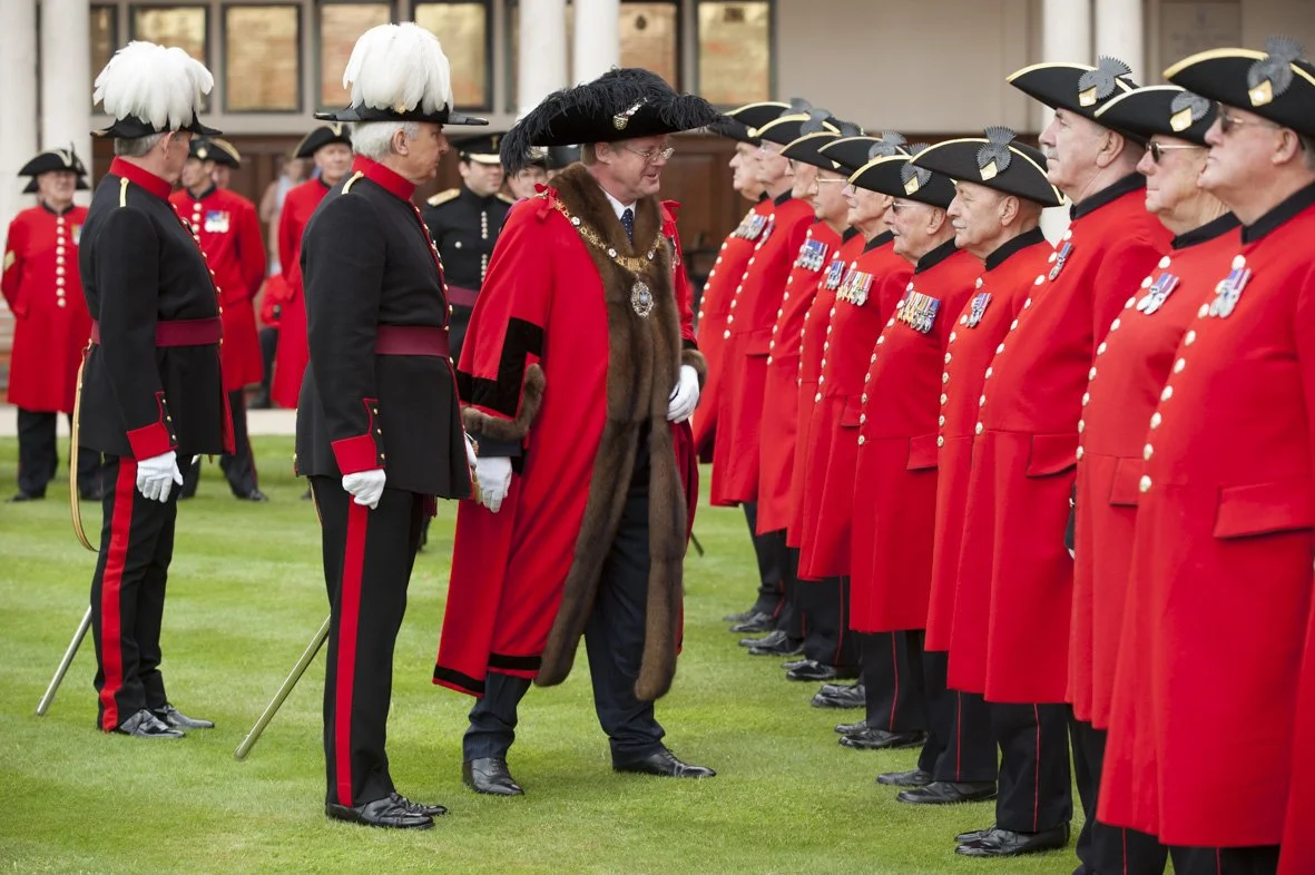 The Lord Mayor Sir David Wootton  inspects the Chelsea Pensioners in the Royal Hospital on Founder's Day