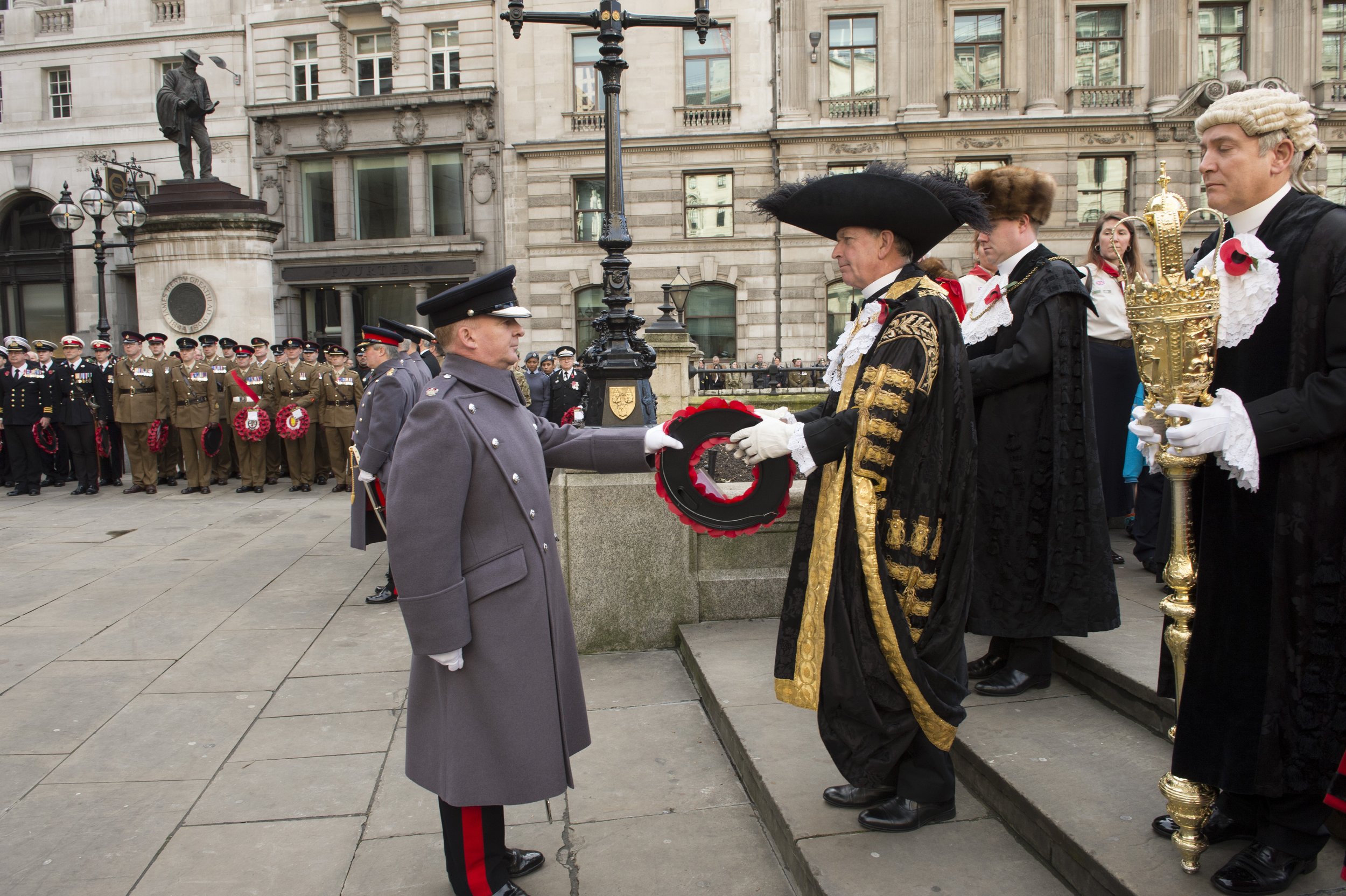 The first official duty of the Lord Mayor is to lay a wreath on the War Memorial in the City on Remembrance Sunday