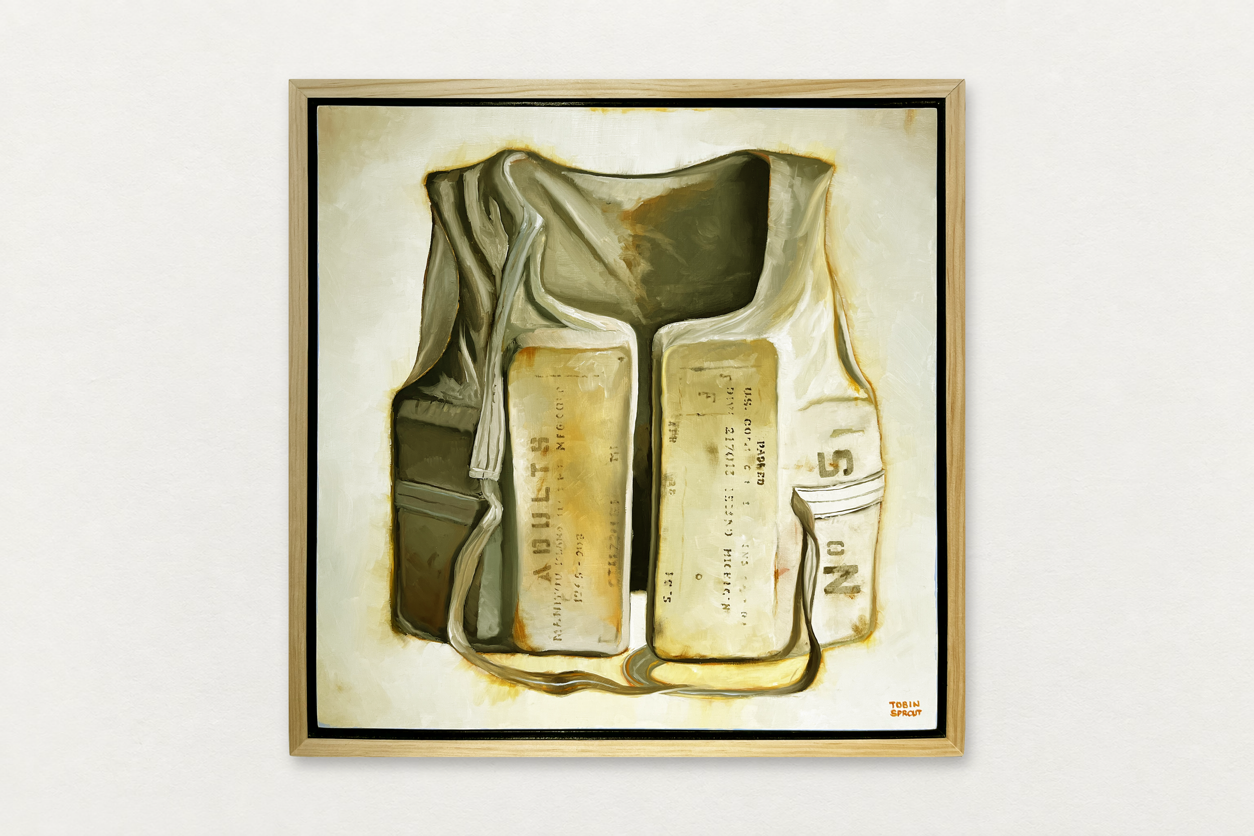 Tobin Sprout
  Old Life Vest , 2026
   Oil on panel in artist's frame
  19.75 by 19.75 inches framed
  $5600  