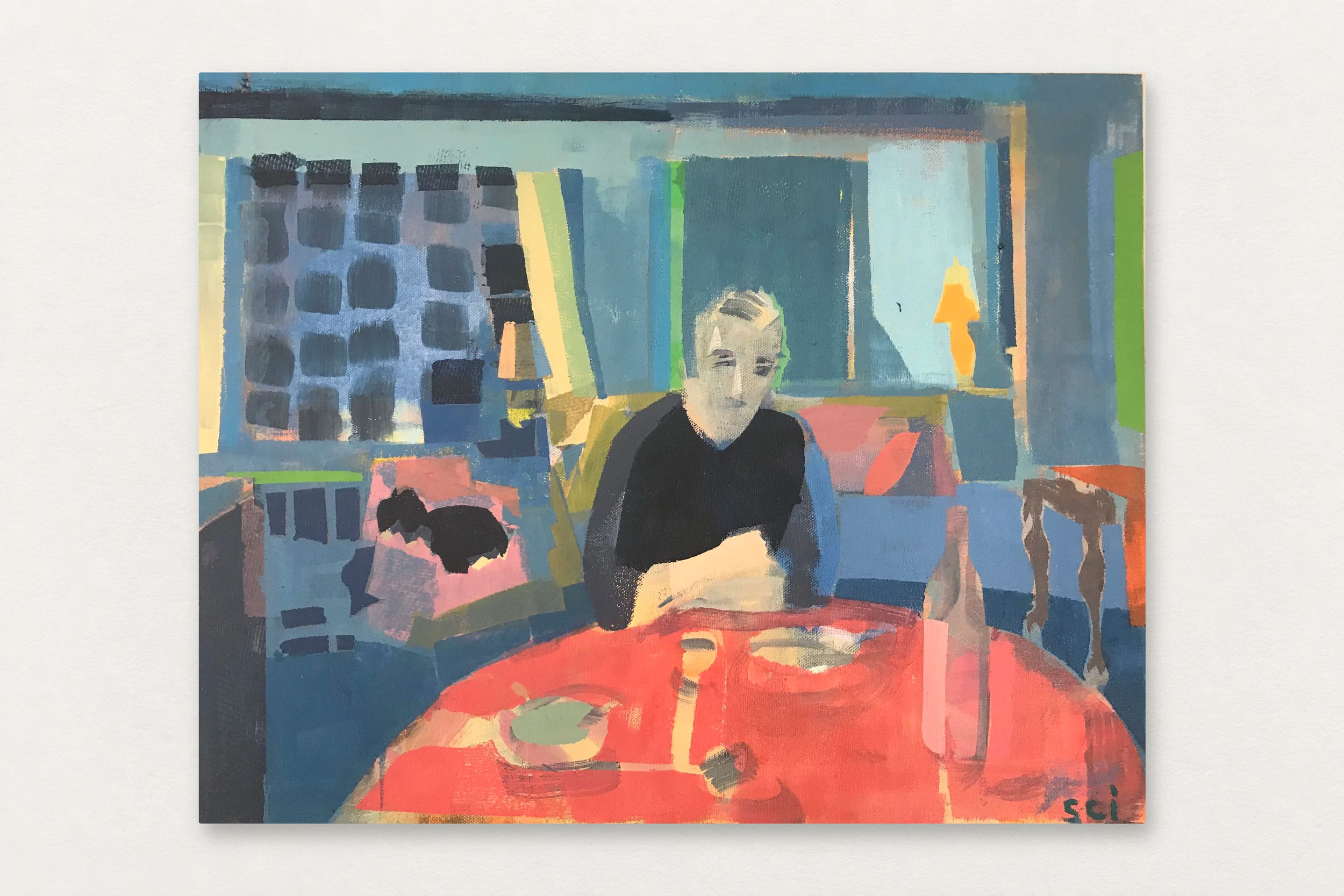 Sarah Innes
  Dinner In the Time of Covid 
   Oil on canvas in artist's frame
  16 by 20 inches
  $1550  