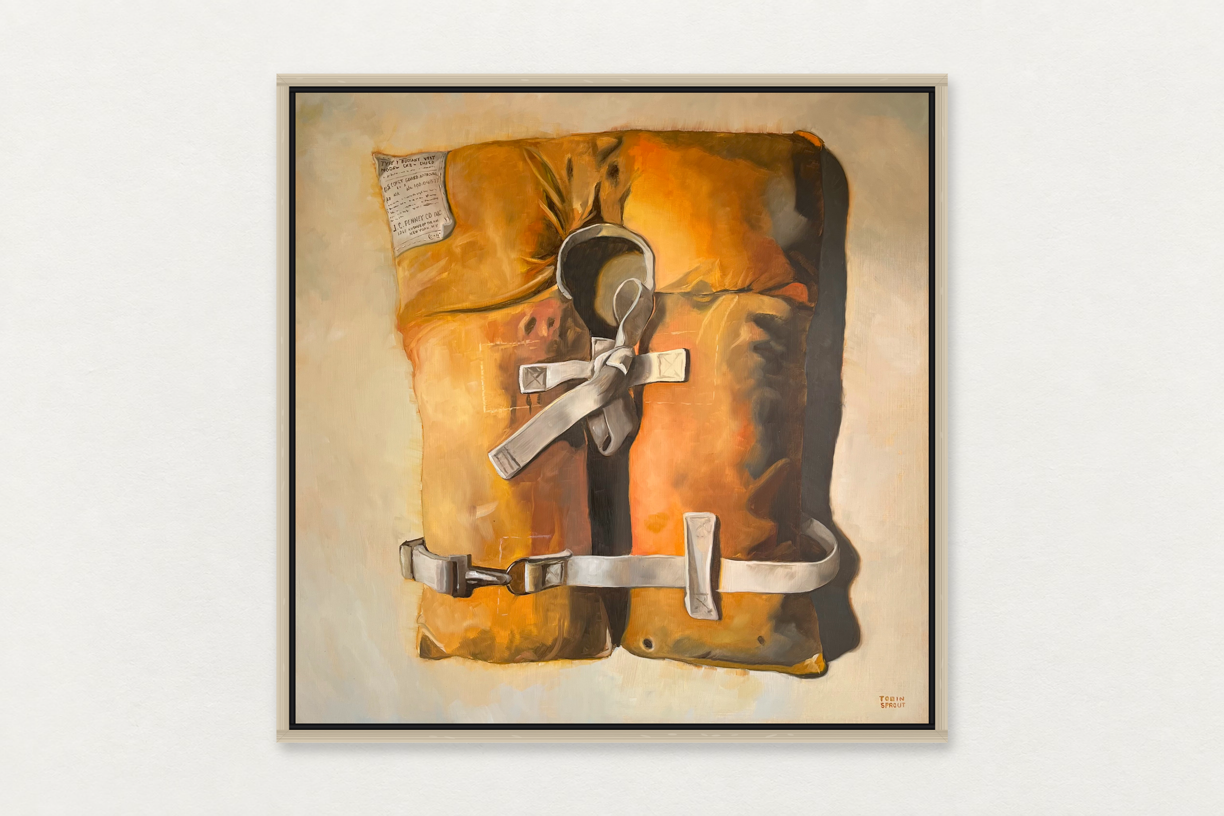 Tobin Sprout
  Type I Childs Life Vest (Orange) , 2025
   Oil on canvas in artist's frame
  24 by 24 inches
  SOLD  