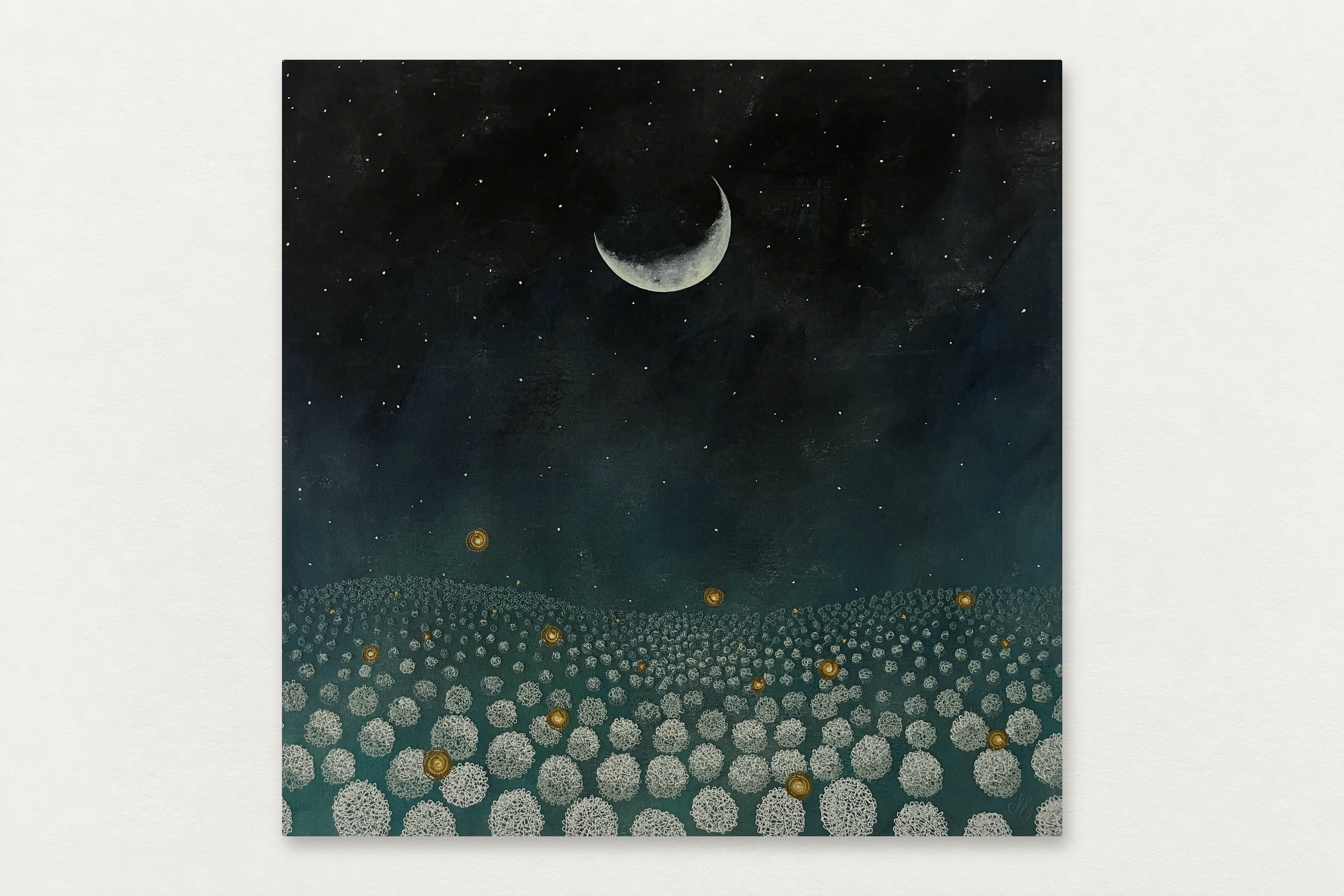 Dana Falconberry
  Midnight In Summer 
   Acrylic and chainstitch embroidery on canvas 
  24 by 24 inches
  $2100  