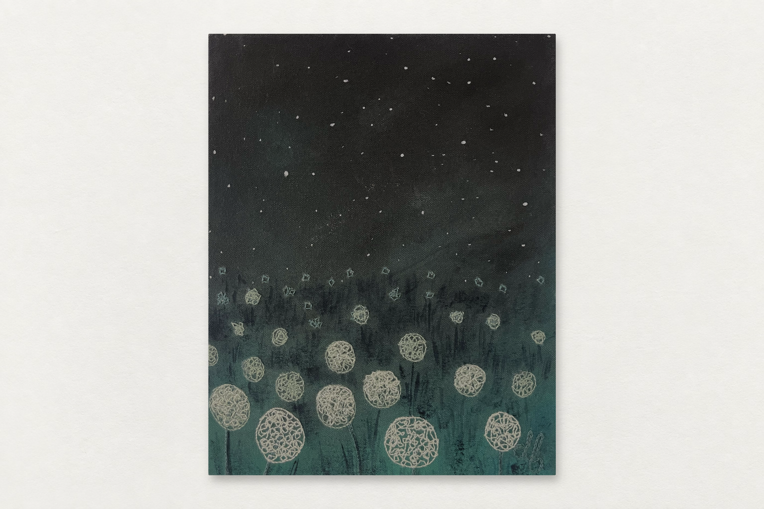 Dana Falconberry
  Midnight Dandelion 
   Acrylic and chainstitch embroidery on canvas 
  10 by 8 inches
  $700  