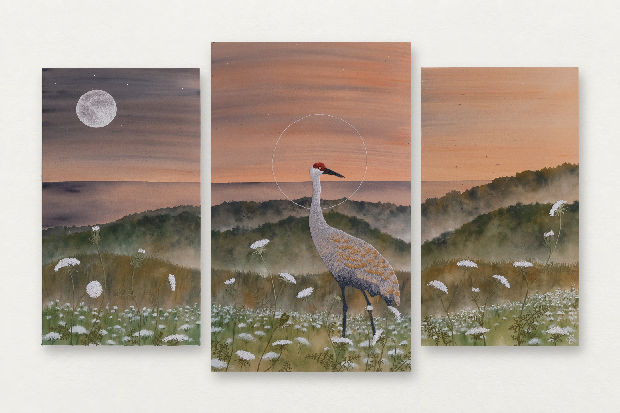 Dana Falconberry
  Emily (Sandhill Crane) 
   Acrylic and chainstitch embroidery on canvas 
  Triptych (32 by 18 in.) (40 by 24 in.) (32 by 18 in.)
  $8500  