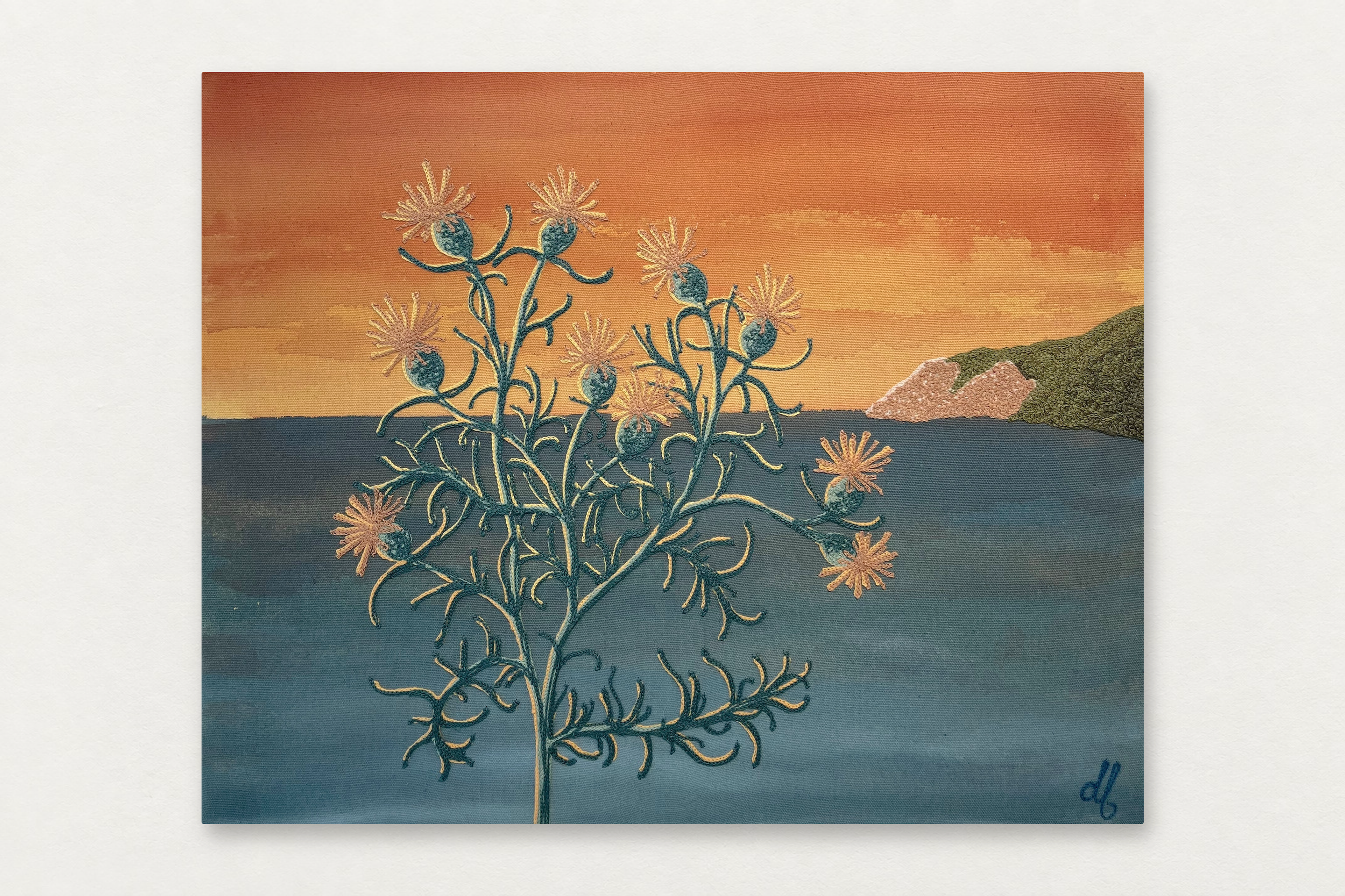 Dana Falconberry
  Thistle and Dune 
   Acrylic and chainstitch embroidery on canvas 
  16 by 20 inches
  $1600  