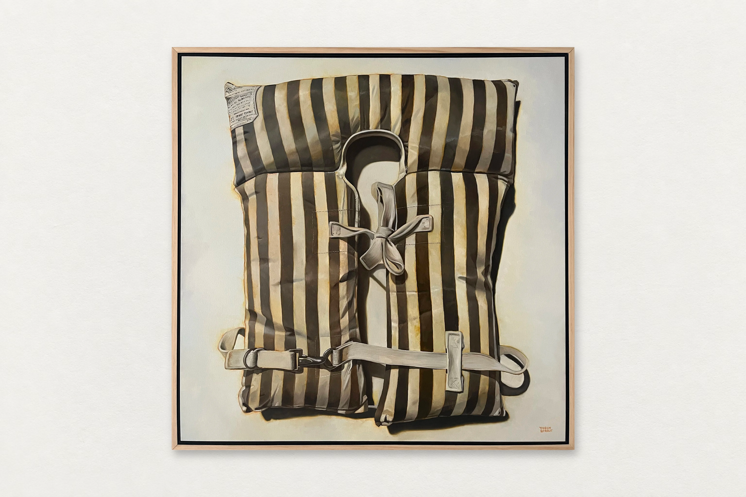 Tobin Sprout
  Type I Life Vest (Black and White) , 2025
   Oil on canvas in artist's frame
  36 by 36 inches
  $16,500  