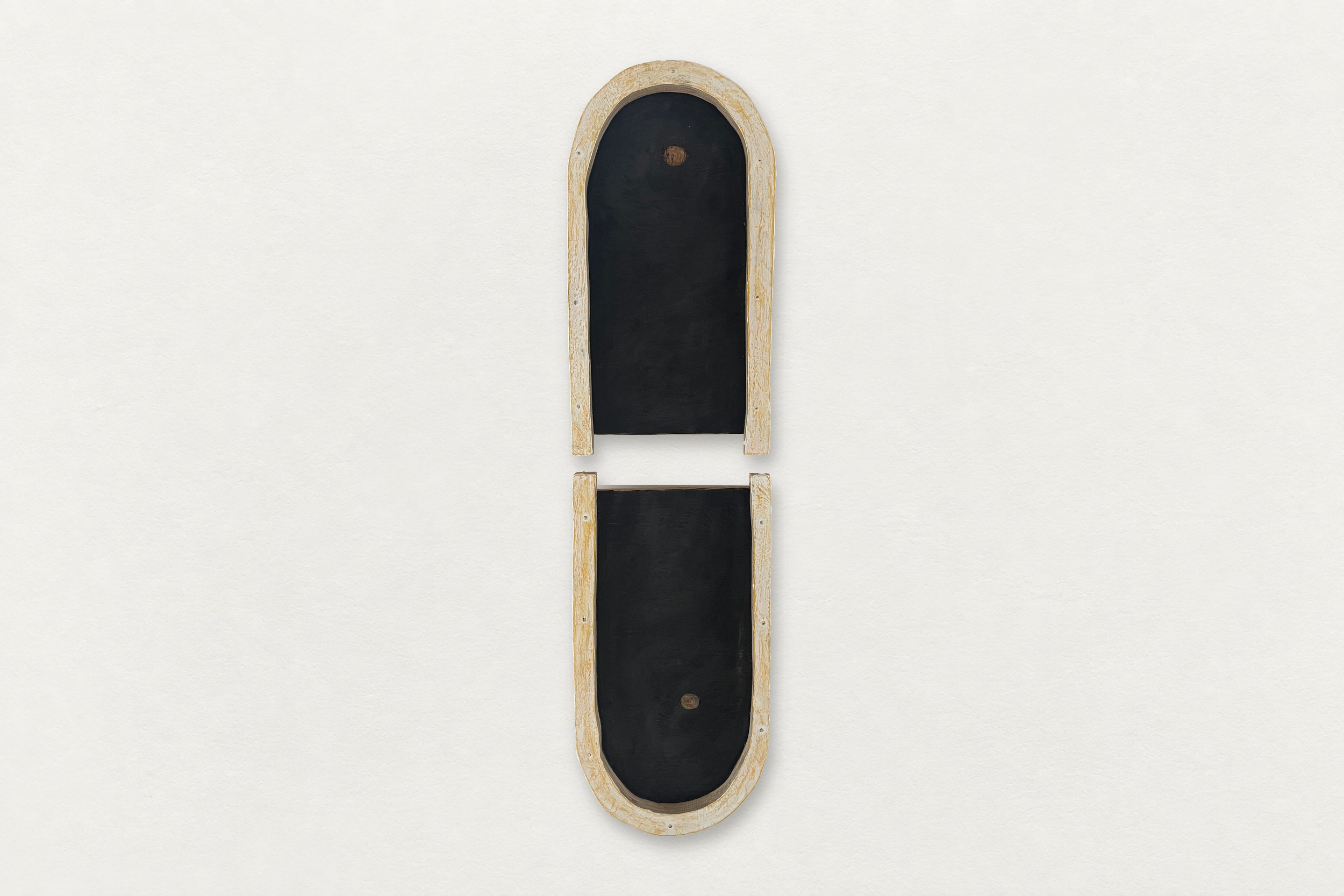 Jesse Hickman
  Two Dots , 2025
   Paint on Reclaimed Wood (2 parts)
  28 by 7.5 inches
  $900  