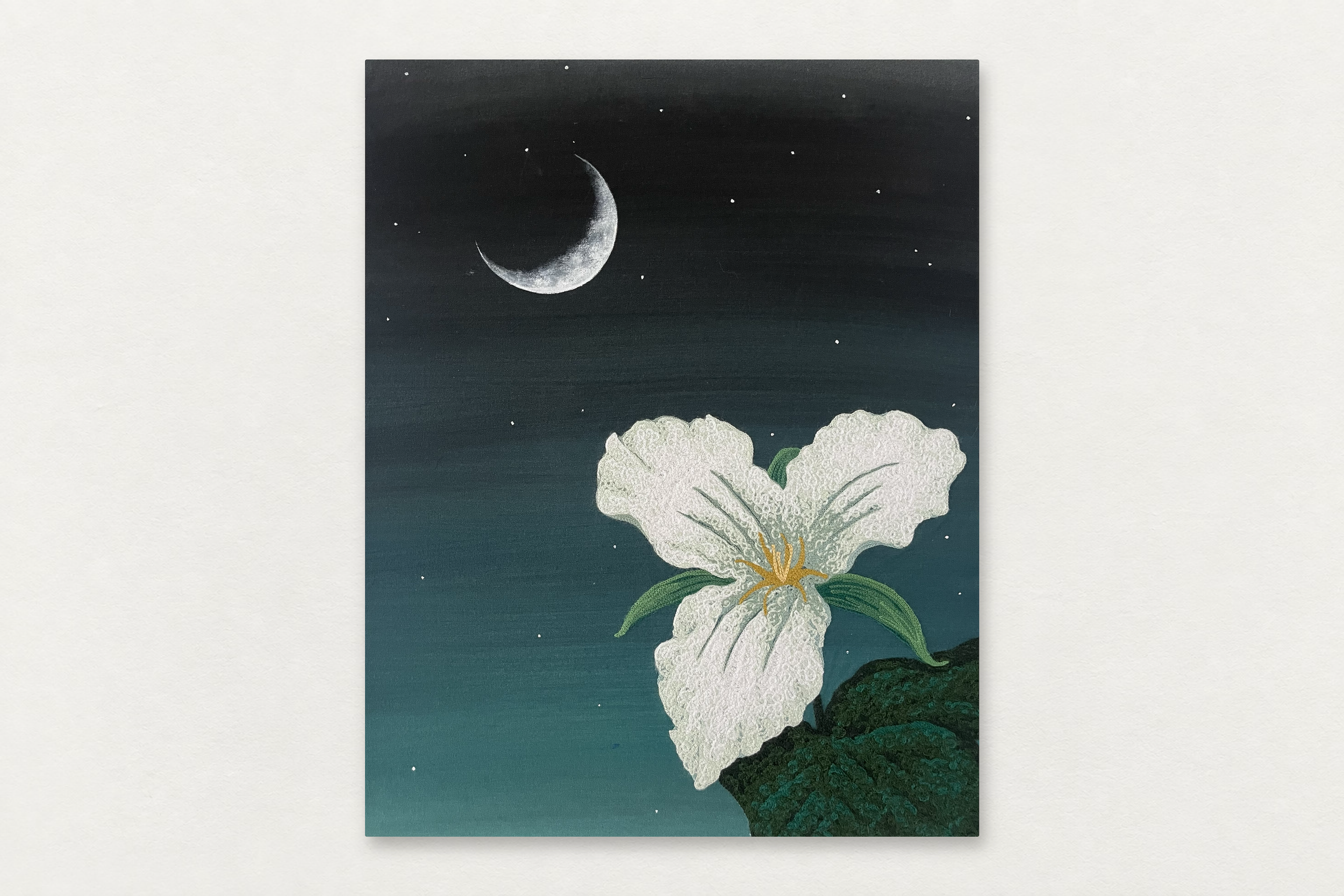 Dana Falconberry
  Midnight Conversation 
   Acrylic and chainstitch embroidery on canvas 
  16 by 20 inches
  $1600  