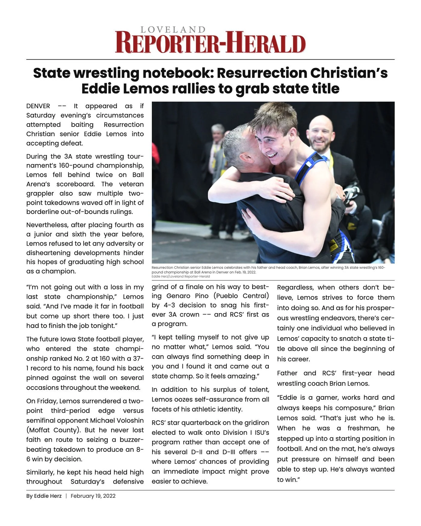 Our ad-free design of the Loveland Reporter-Herald story on a high school wrestler's state title, hugging his dad