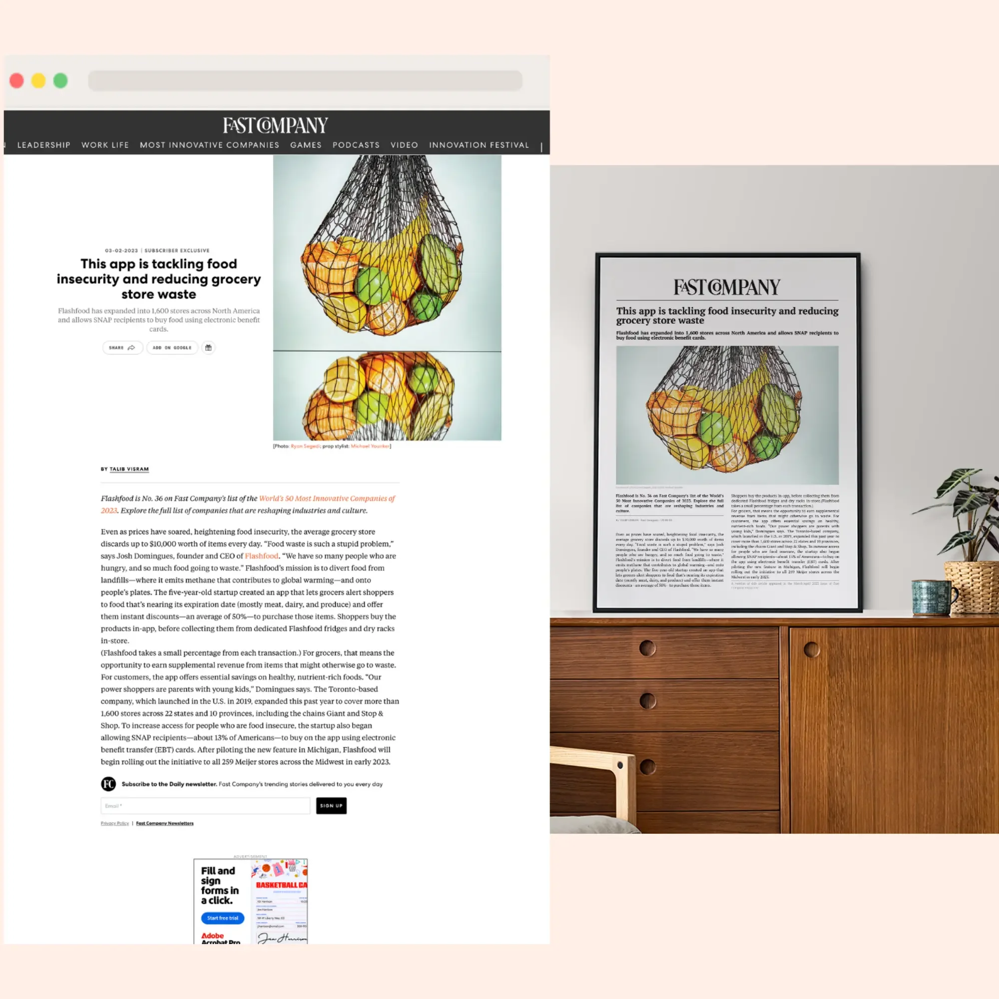 Fast Compagny article living in a browser tab next to the same article in a frame hanging on a wall
