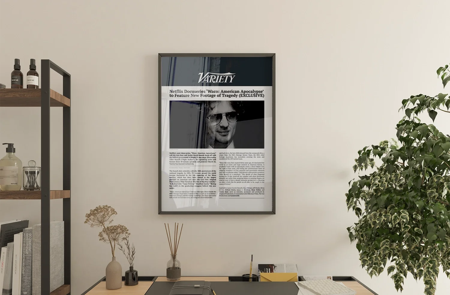 The same Variety article rebuilt as a newspaper page in a wood frame