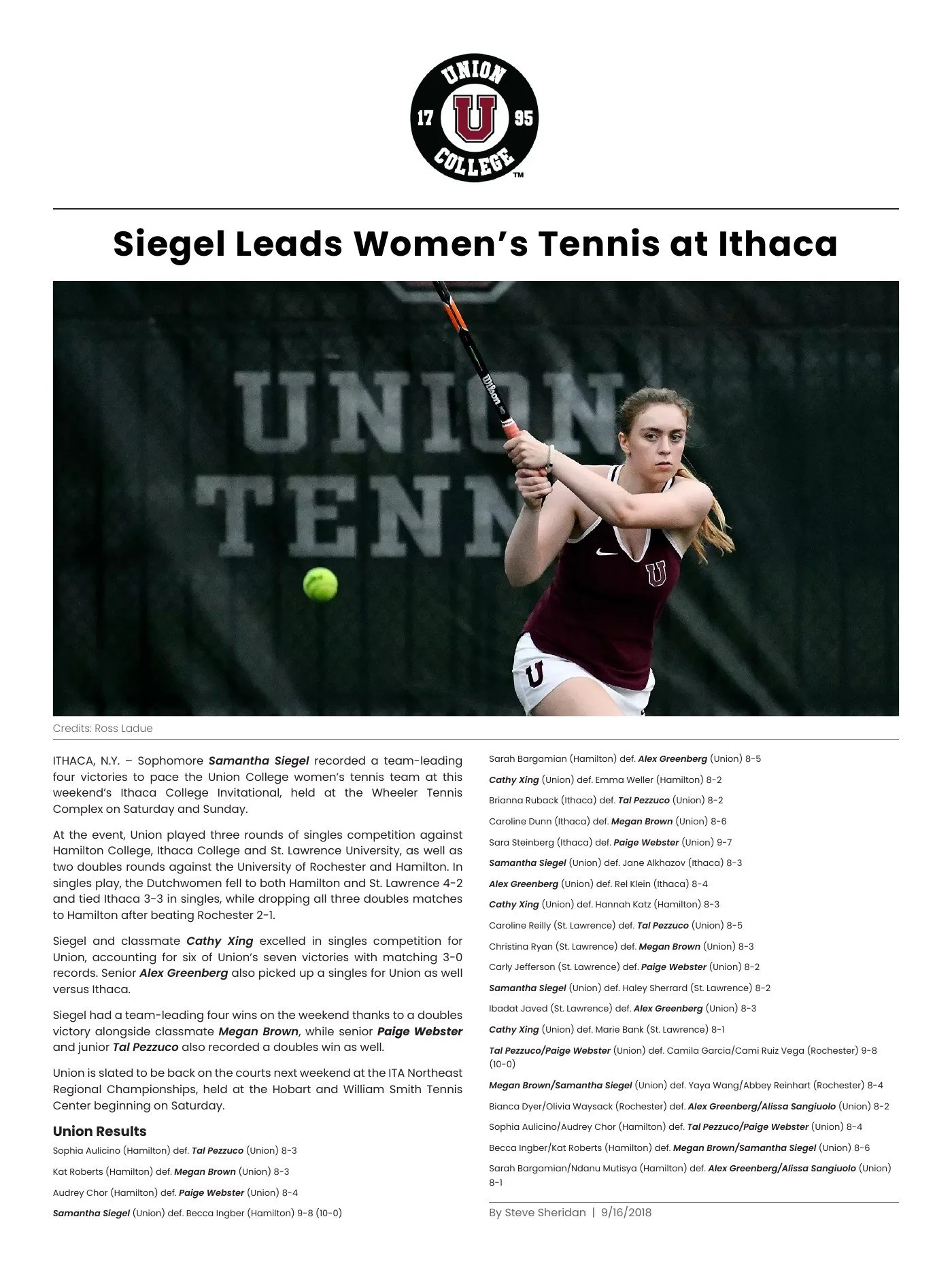 Our ad-free design of the Union College story on its women's tennis team at Ithaca