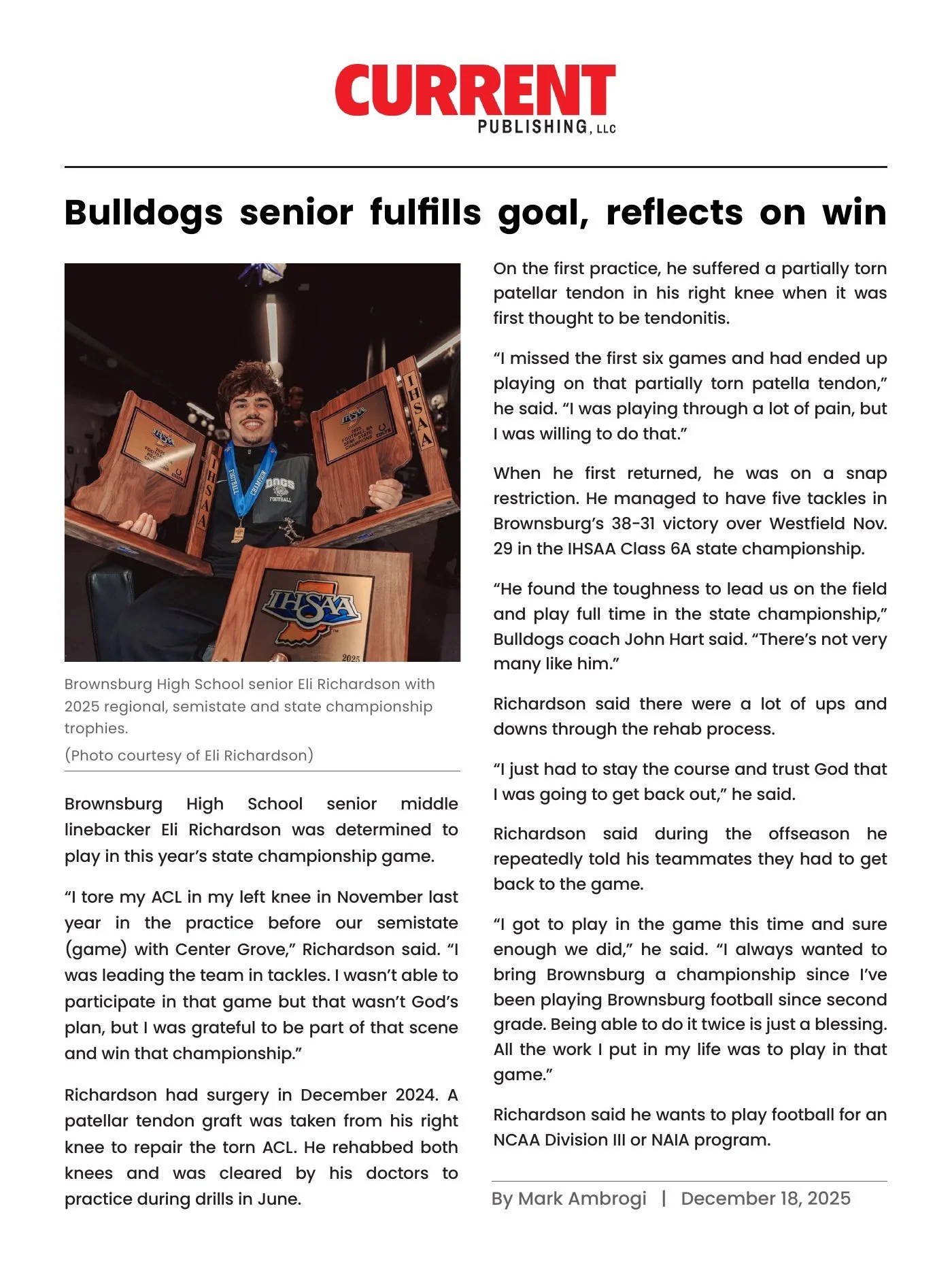 Our ad-free design of the Current story on a Brownsburg Bulldogs senior holding his state championship trophies