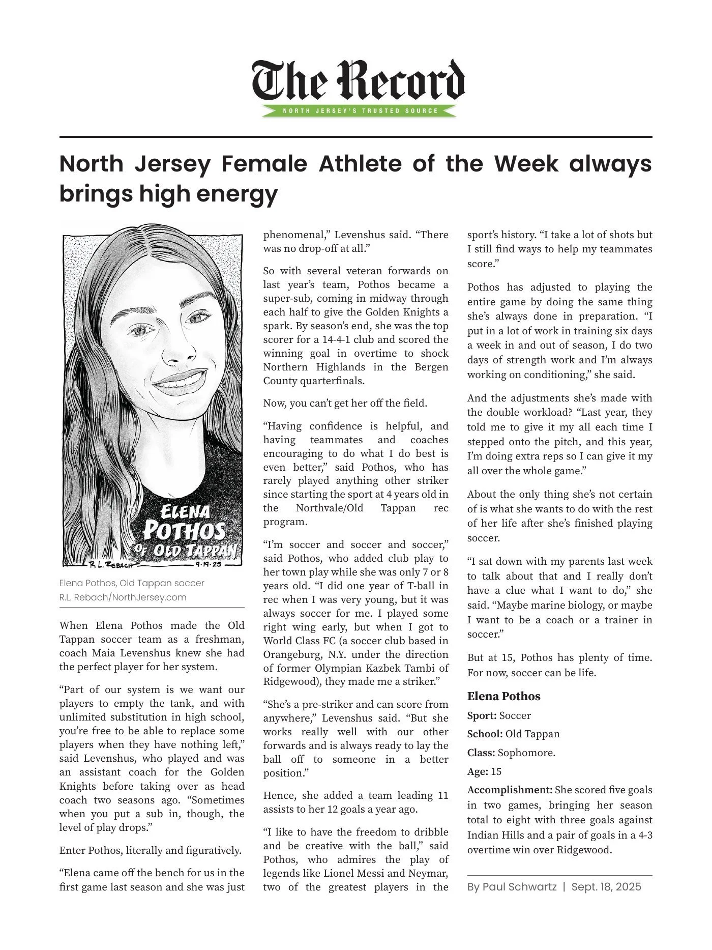 Our ad-free design of The Record's North Jersey Female Athlete of the Week story, with her illustrated portrait
