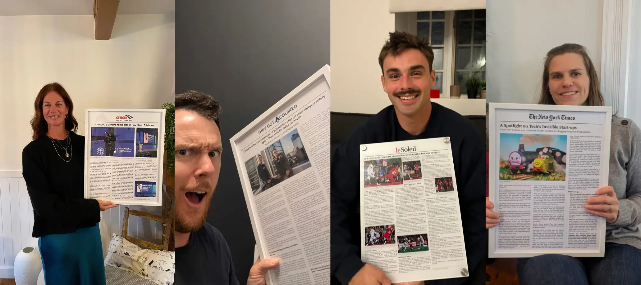 Happy YourFramedArticle customers holding their custom framed newspaper articles in real wood frames.