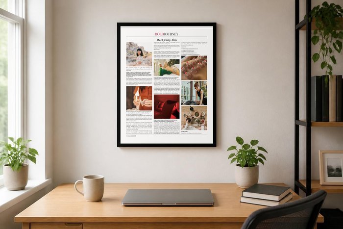 A framed magazine article in a black frame above a home office desk with a laptop