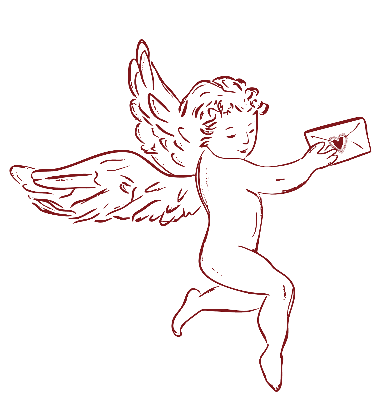 Line drawing of a cherub with wings, holding an envelope with a heart on it, against a black background. inspired by Pinterest.