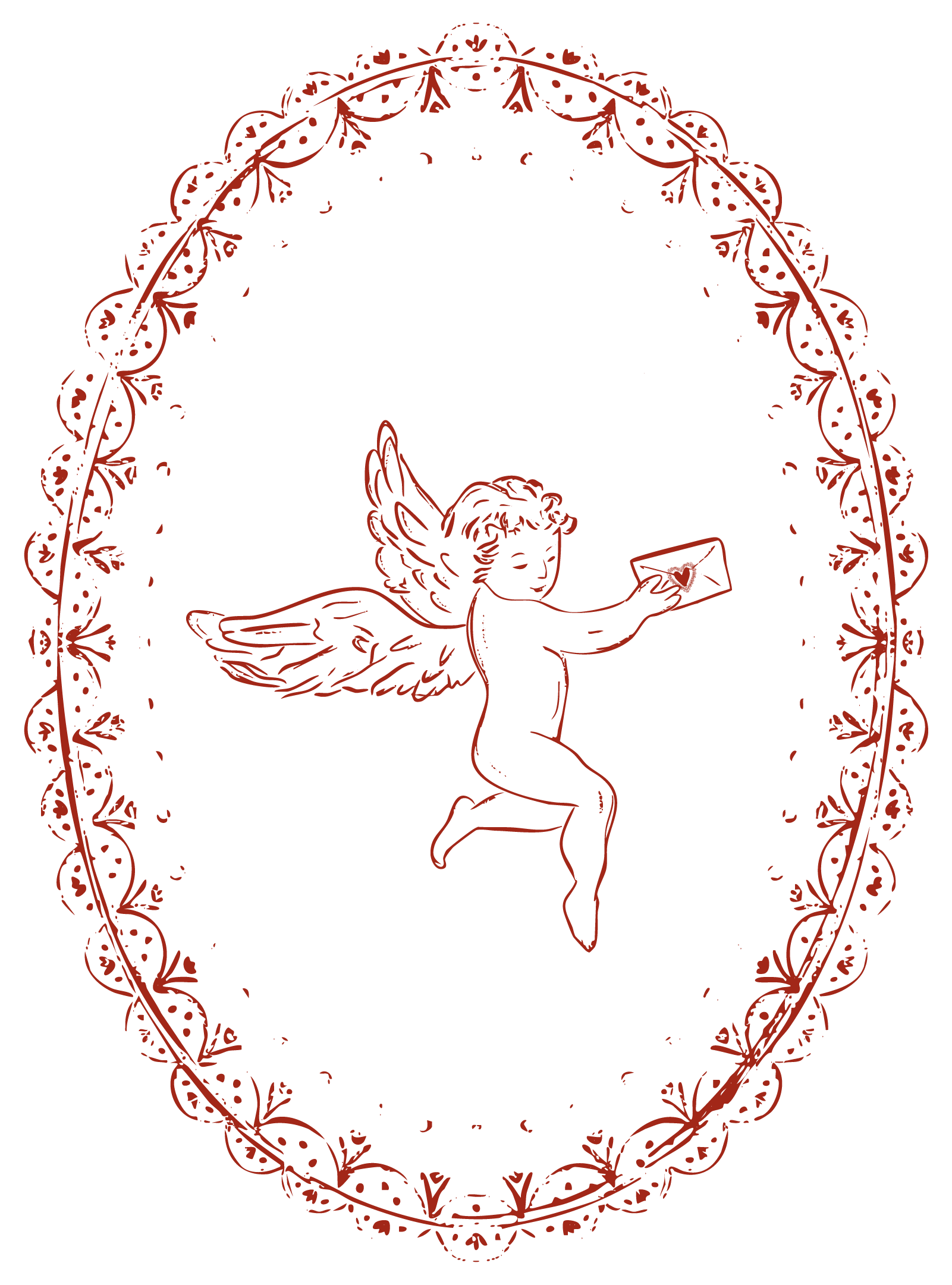 A red outline drawing of a cherub holding an envelope, surrounded by an ornate oval frame, set against a black background.