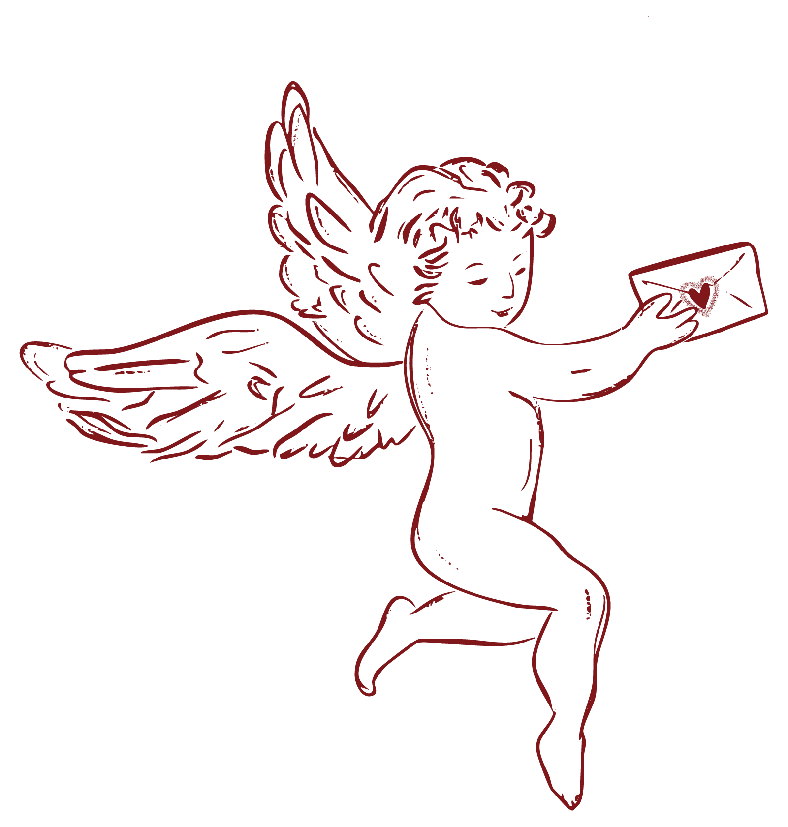 Line drawing of a Cupid figure with wings, holding an envelope with a heart on it.
