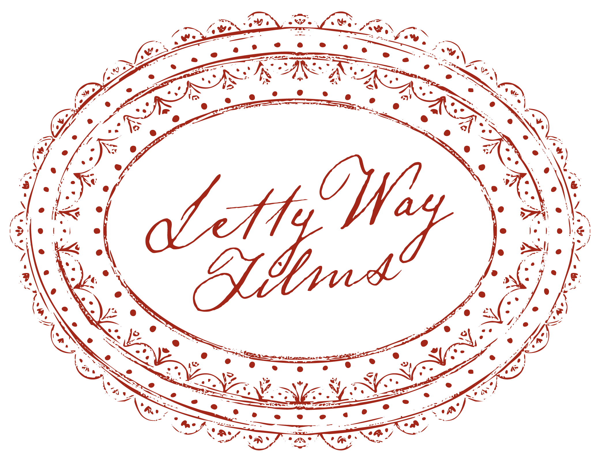 Decorative oval stamp with intricate border design in red and the words 'Letty May Lilms' in cursive in the center.