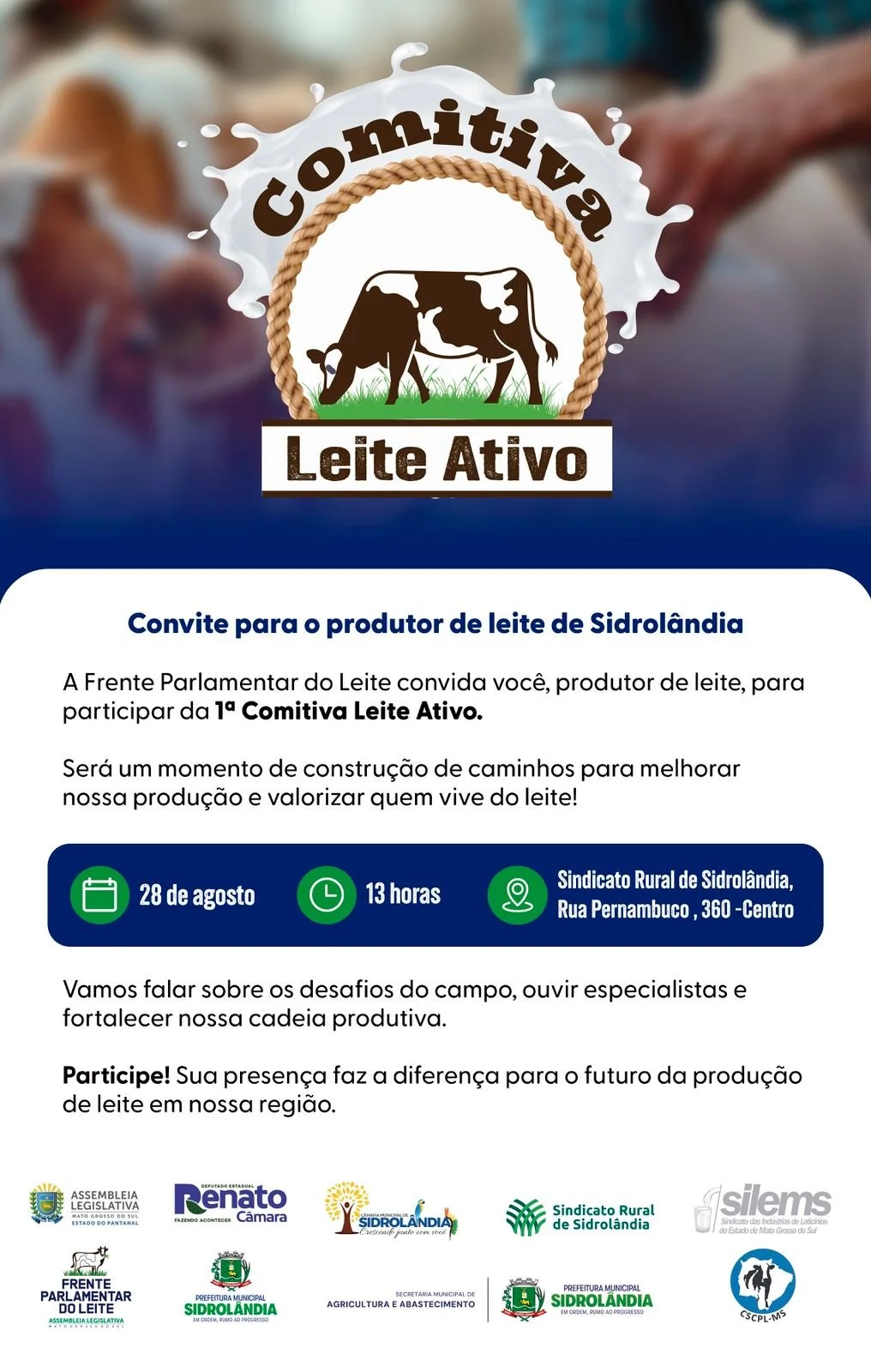 Sidrolândia recebe nesta quinta-feira a 1ª Comitiva Leite Ativo para fortalecer a cadeia produtiva do leite