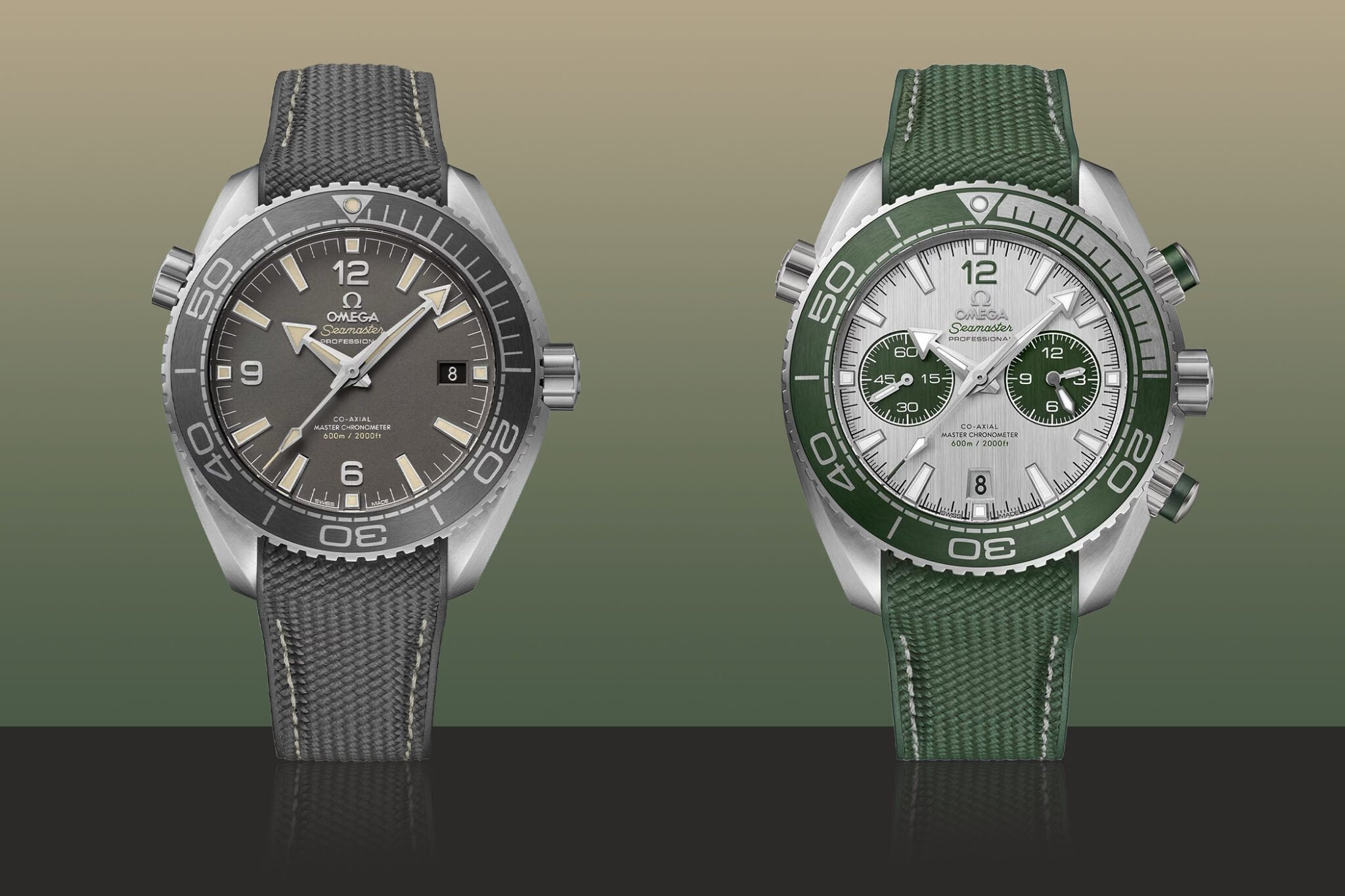 Two Omega Seamaster watches, one with a gray dial and black strap, the other with a silver and green dial and green strap, displayed on a gradient background.