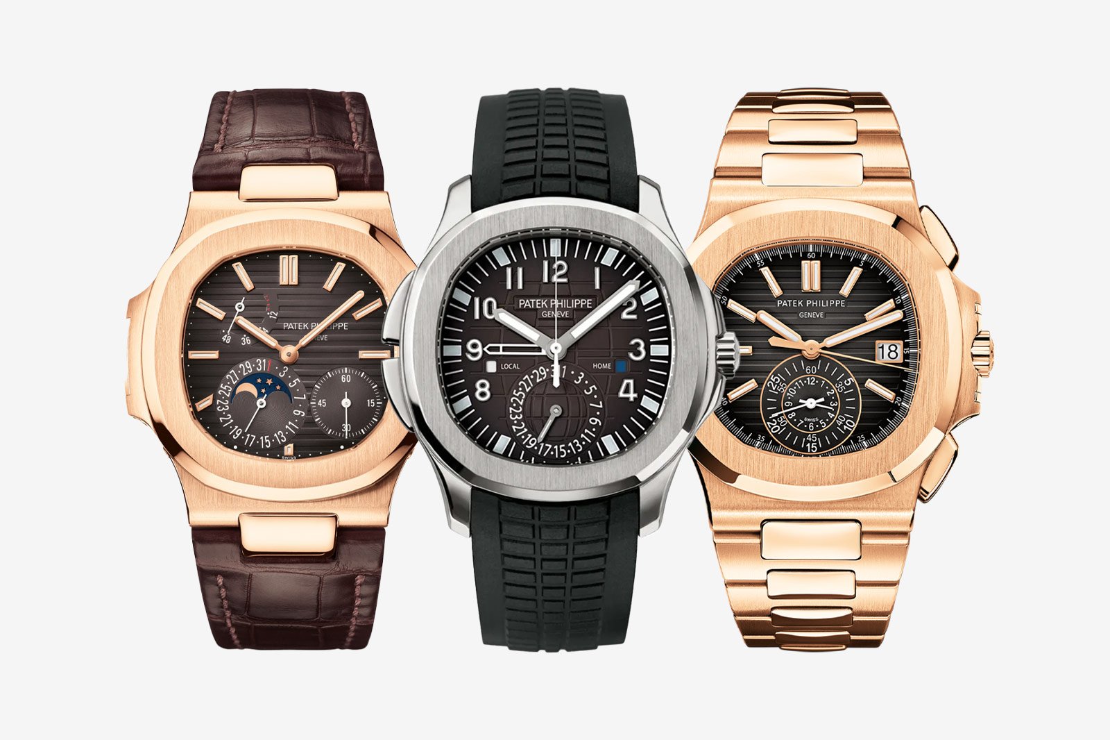 Three luxury watches with different designs and straps.