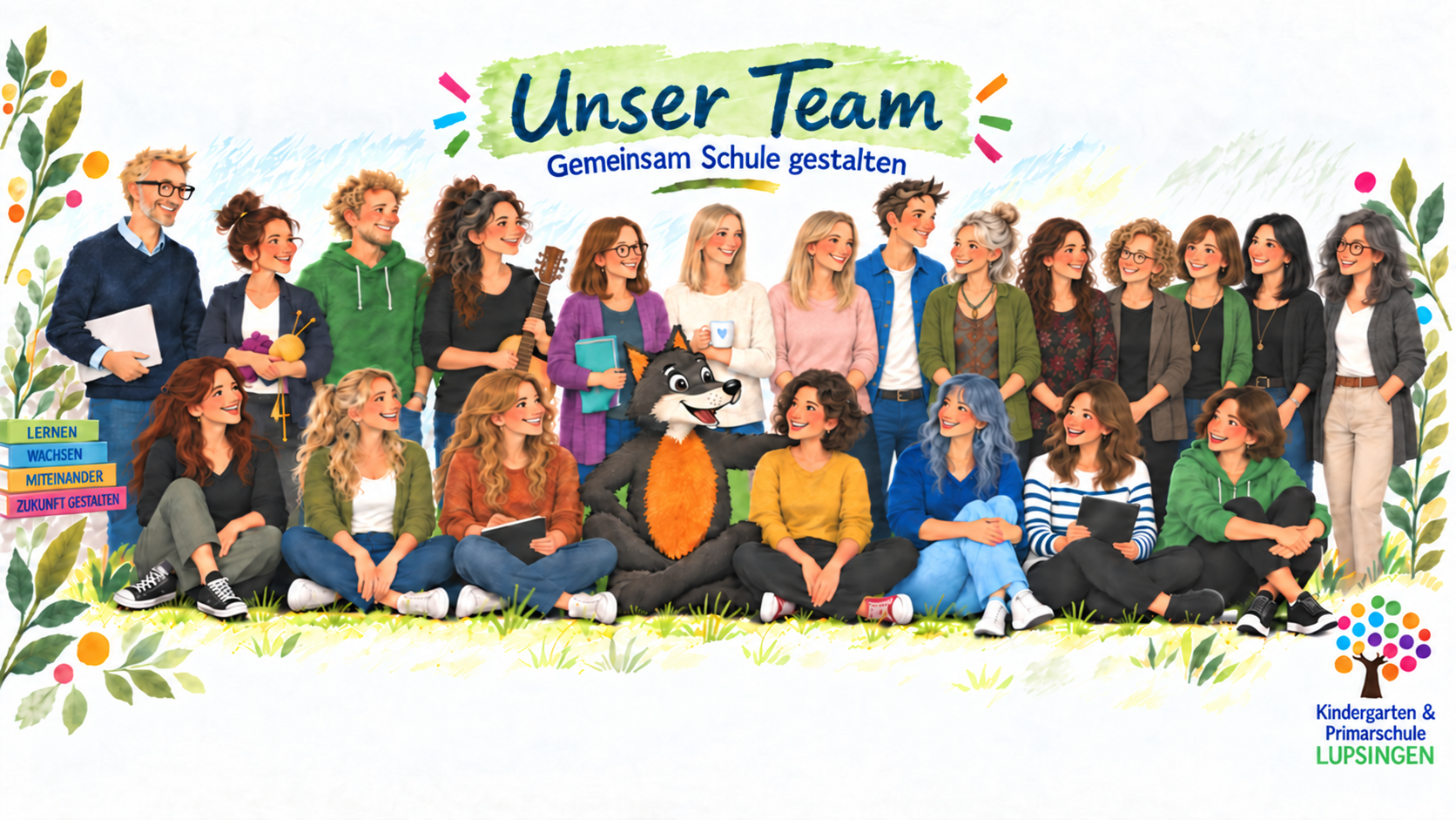 Illustration: das Team der Schule Lupsingen auf einer Blumenwiese, in der Mitte der Wolf "Loup" - KI-generiert