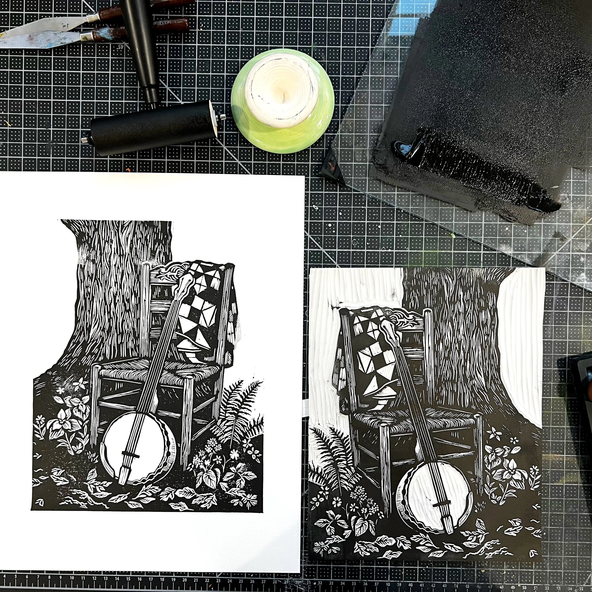 Carved linoleum block beside the finished hand-pulled print of a floral vase