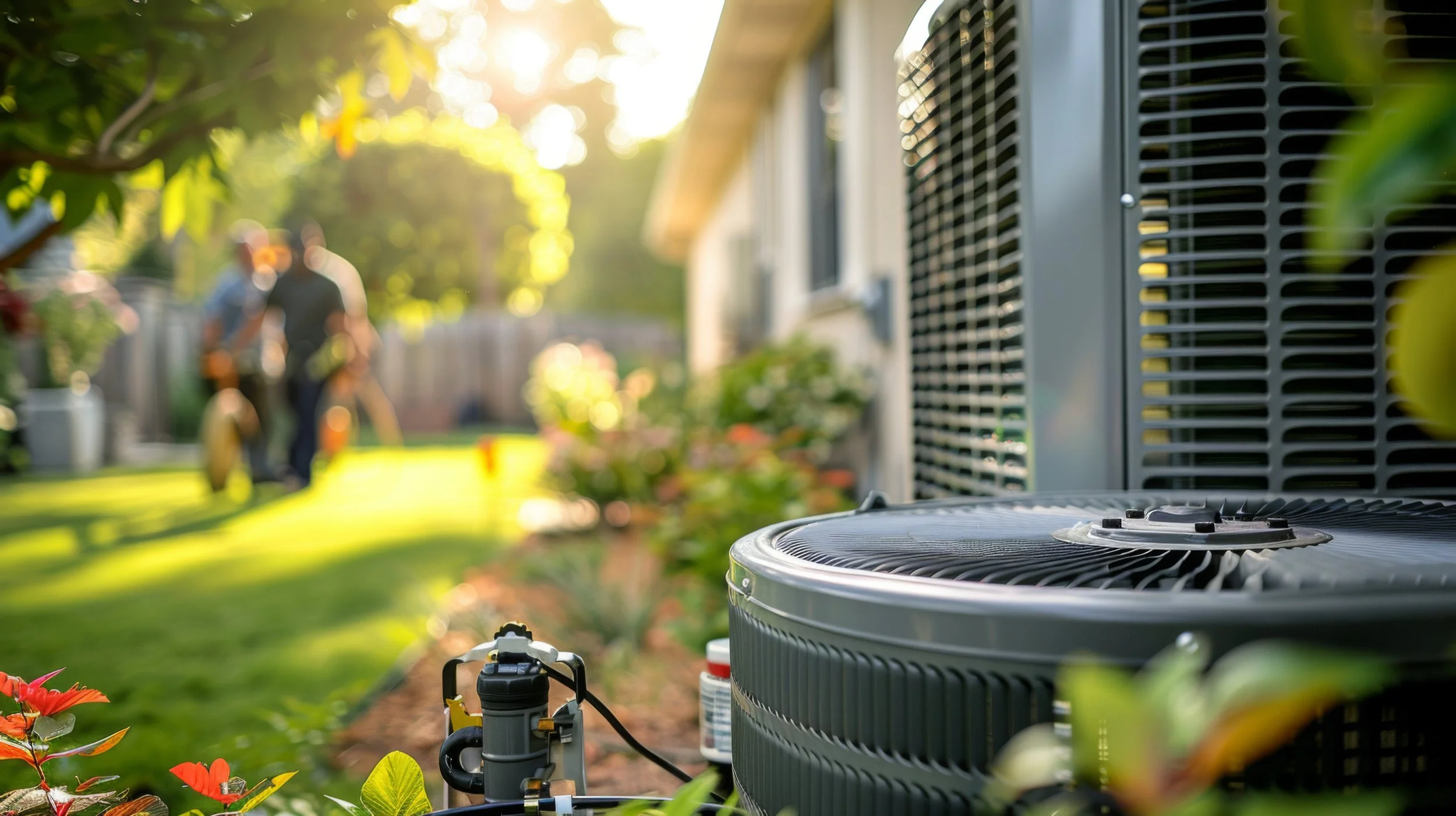 Close-up of an outdoor air conditioning unit with two people in the background, out of focus, working on or inspecting the unit in a garden with bright sunlight.