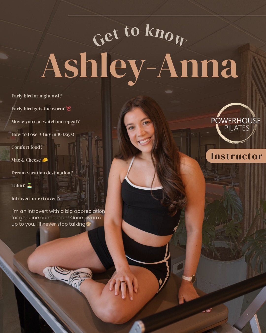 Get to know @ashleyanna_r!! 

Early bird or night owl?
Early bird gets the worm!🪱 

Movie you can watch on repeat? 
How to Lose A Guy in 10 Days!

Comfort food? 
Mac &amp; Cheese 🧀 

Dream vacation destination? 
Tahiti! 🏝️

Introvert or extrovert?