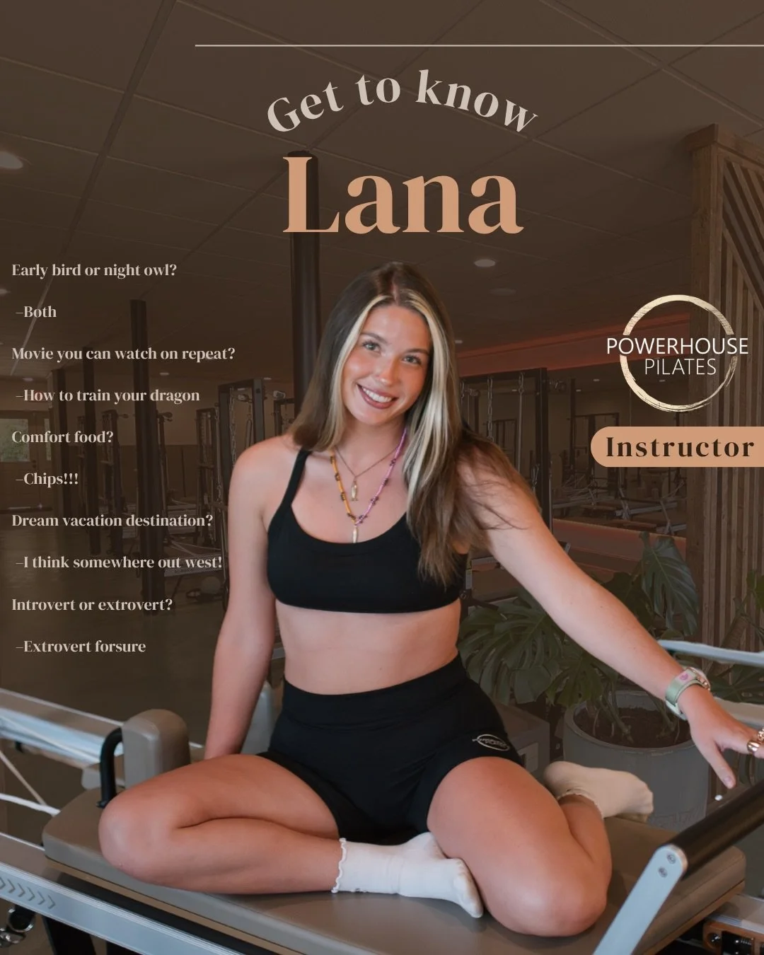 🌟Get to know Powerhouse Instructor, @lanacoffeyy_ !

Early bird or night owl?
Both

Movie you can watch on repeat? 
How to train your dragon

Comfort food? 
Chips!!!

Dream vacation destination? 
I think somewhere out west! 

Introvert or extrovert?