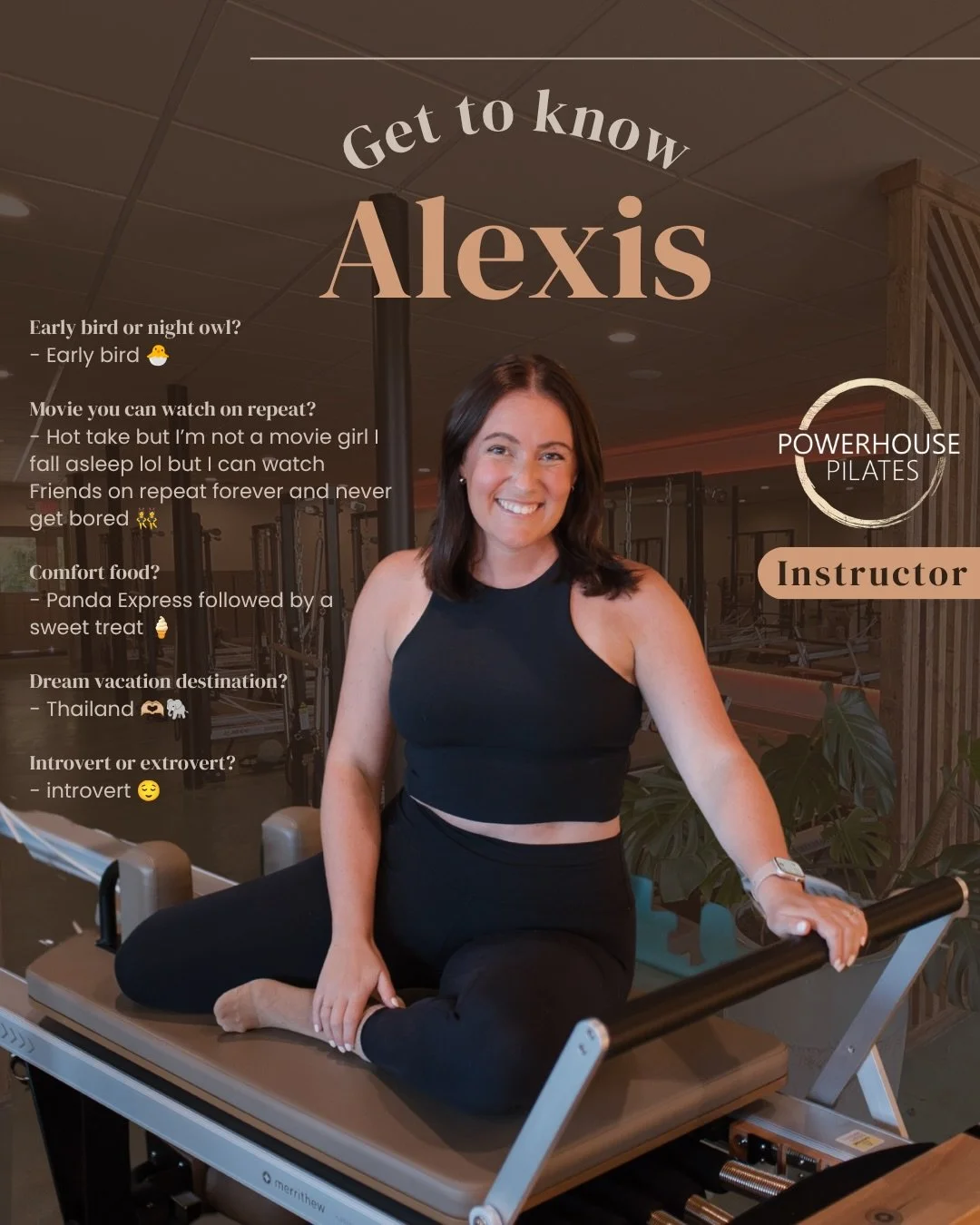 Get to know Powerhouse Instructor, @alexissekola!

Early bird or night owl? 
- Early bird 🐣

Movie you can watch on repeat? 
- Hot take but I&rsquo;m not a movie girl I fall asleep lol but I can watch Friends on repeat forever and never get bored 👯