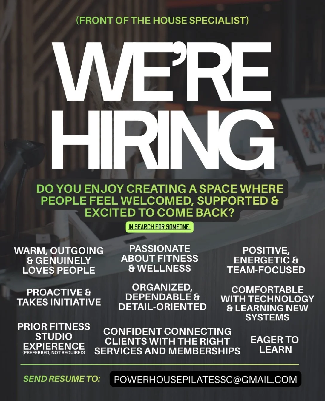 WE&rsquo;RE GROWING &mdash; AND WE&rsquo;RE HIRING! 💚

We are looking for a part-time Front of House Specialist to join our team! We&rsquo;re looking for someone who brings great energy, loves connecting with people, takes initiative, and is excited