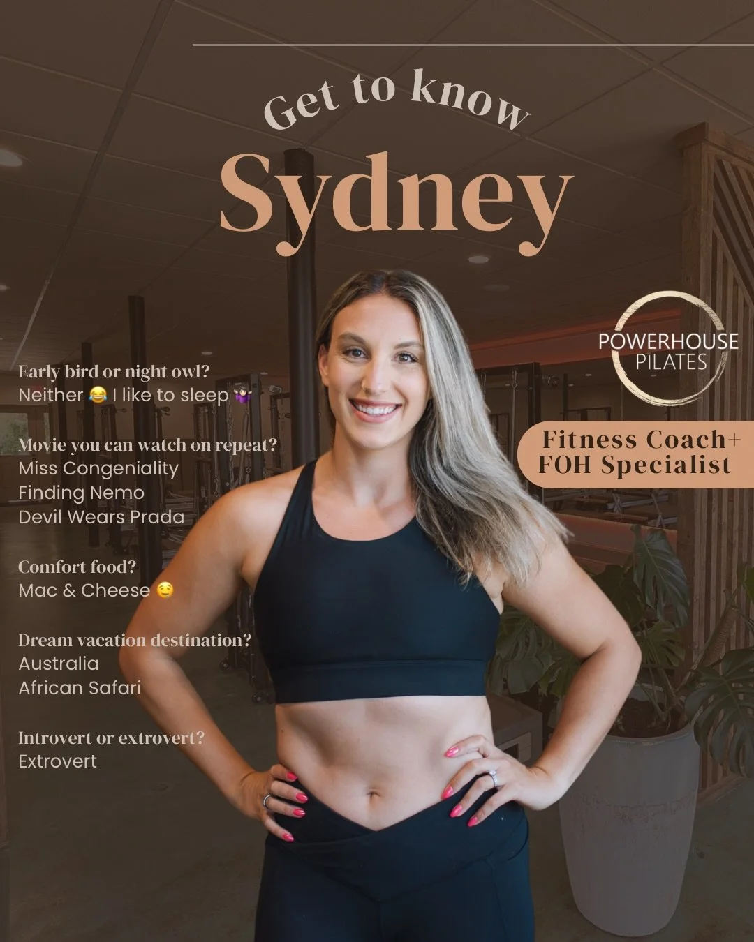 Exciting news! @sydneyrobbins23 is continuing her role as our Front Of House Specialist while officially joining the team as one of our newest FLEX Room Strength Fitness Coaches! 🏋️&zwj;♀️ Read on to get to know her!

Early bird or night owl?
Neithe