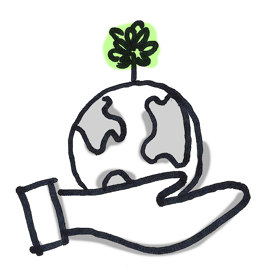 Een hand houdt een wereldbol met een boom erboven, illustratie voor milieubewustzijn of duurzaamheid.