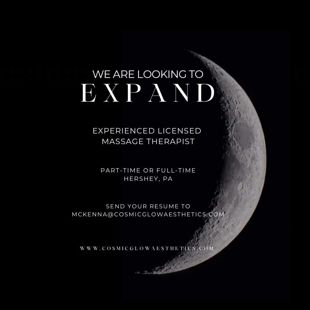 ✨Massage Therapist Opportunity✨

Cosmic Glow Aesthetics | Hershey, PA
We are looking to expand with a licensed massage therapist!

We are open to discussing both employment and room arrangements depending on the right fit. Whether you&rsquo;re lookin
