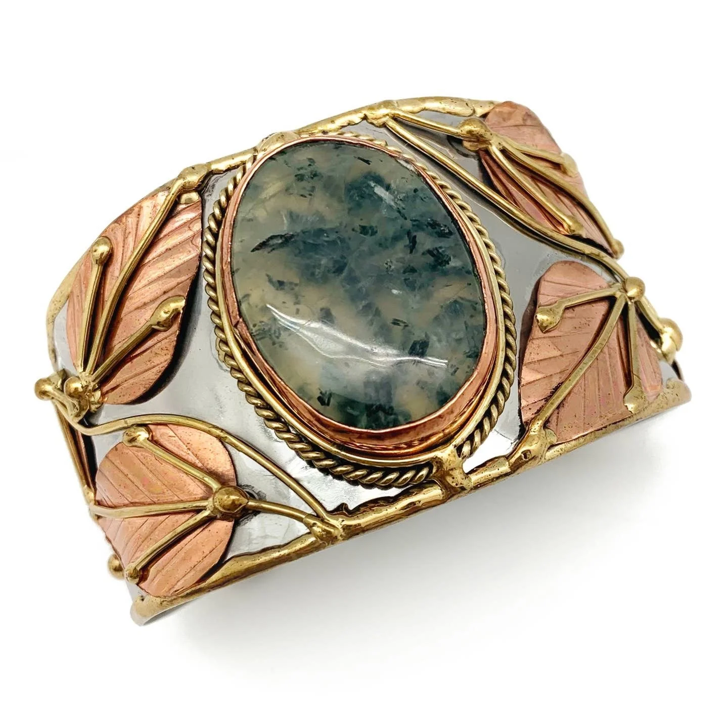 Mixed Metal and Moss Agate Stone Bracelet