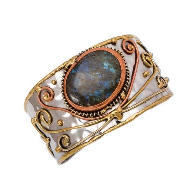 Mixed Metal Labradorite Gemstone Cuff Bracelet by Anju Jewelry