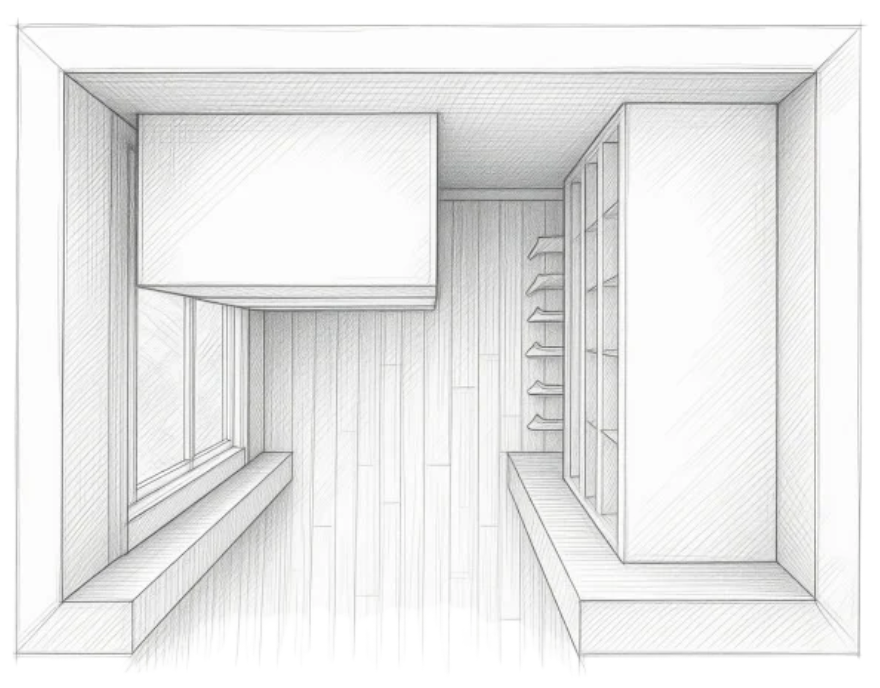 A line rendering of a closet interior with shelving and hanging space