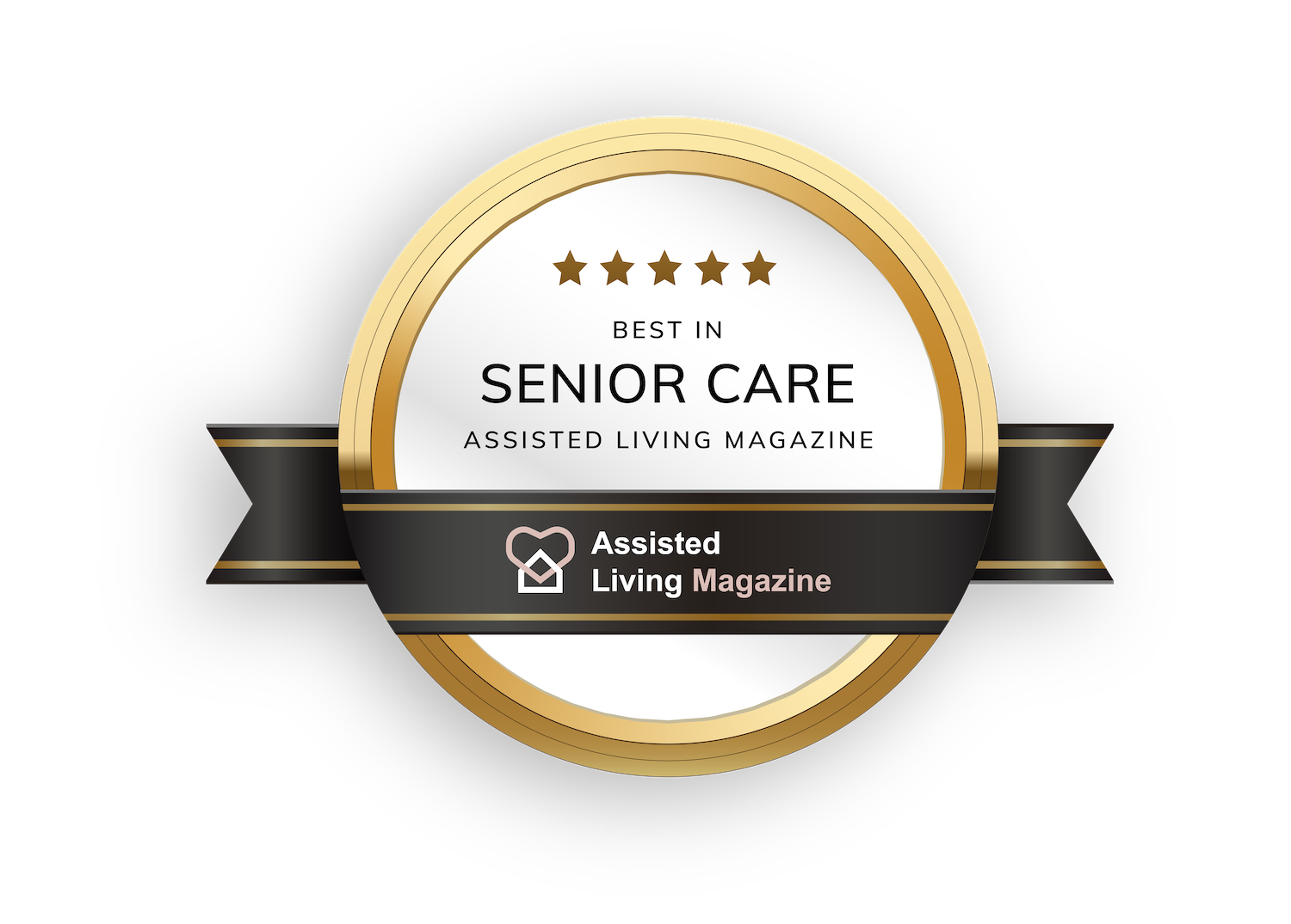 Badge with gold, black, and white colors, featuring five stars, and text indicating recognition as best in senior care by Assisted Living Magazine.