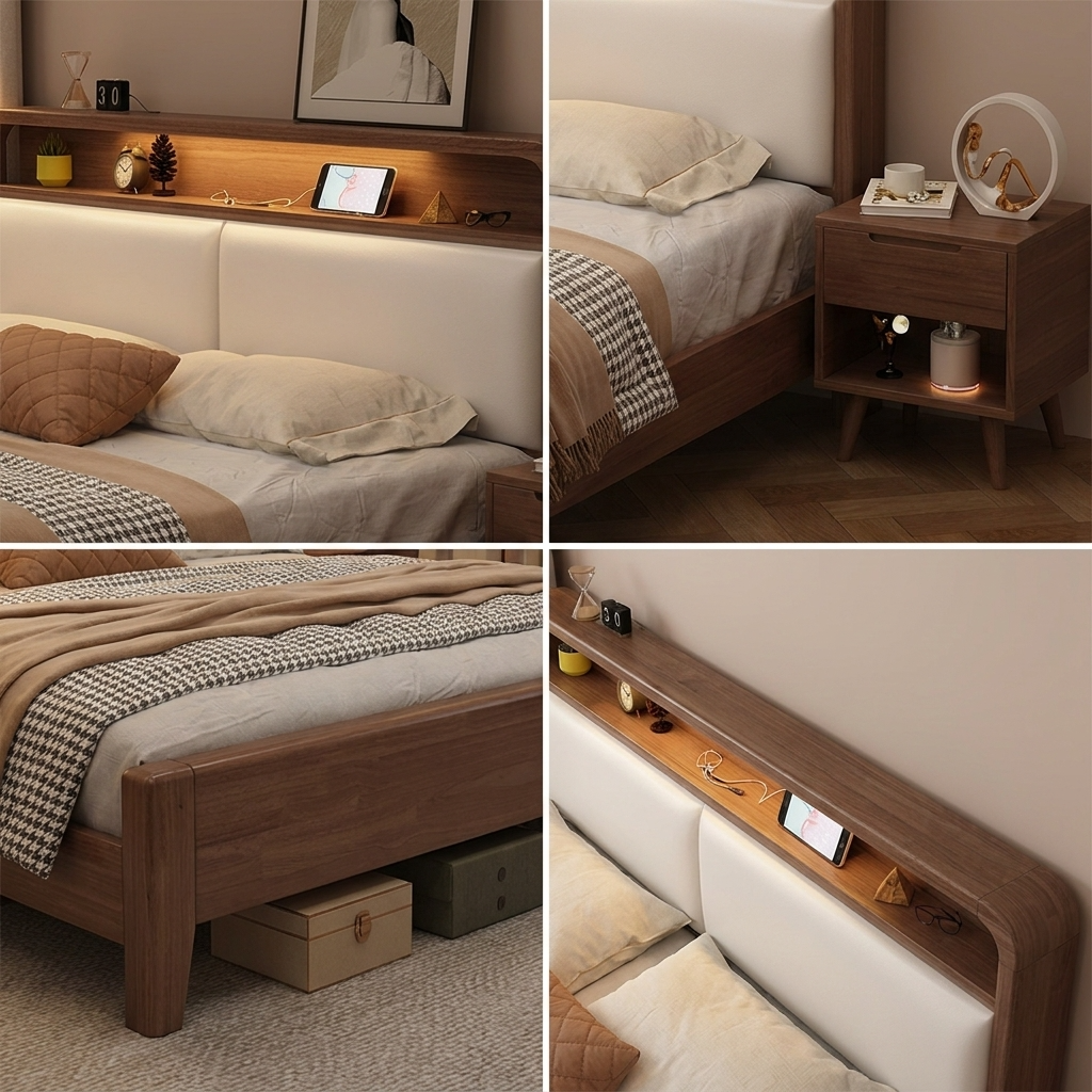 Japandi Storage LED Platform King Bed Walnut