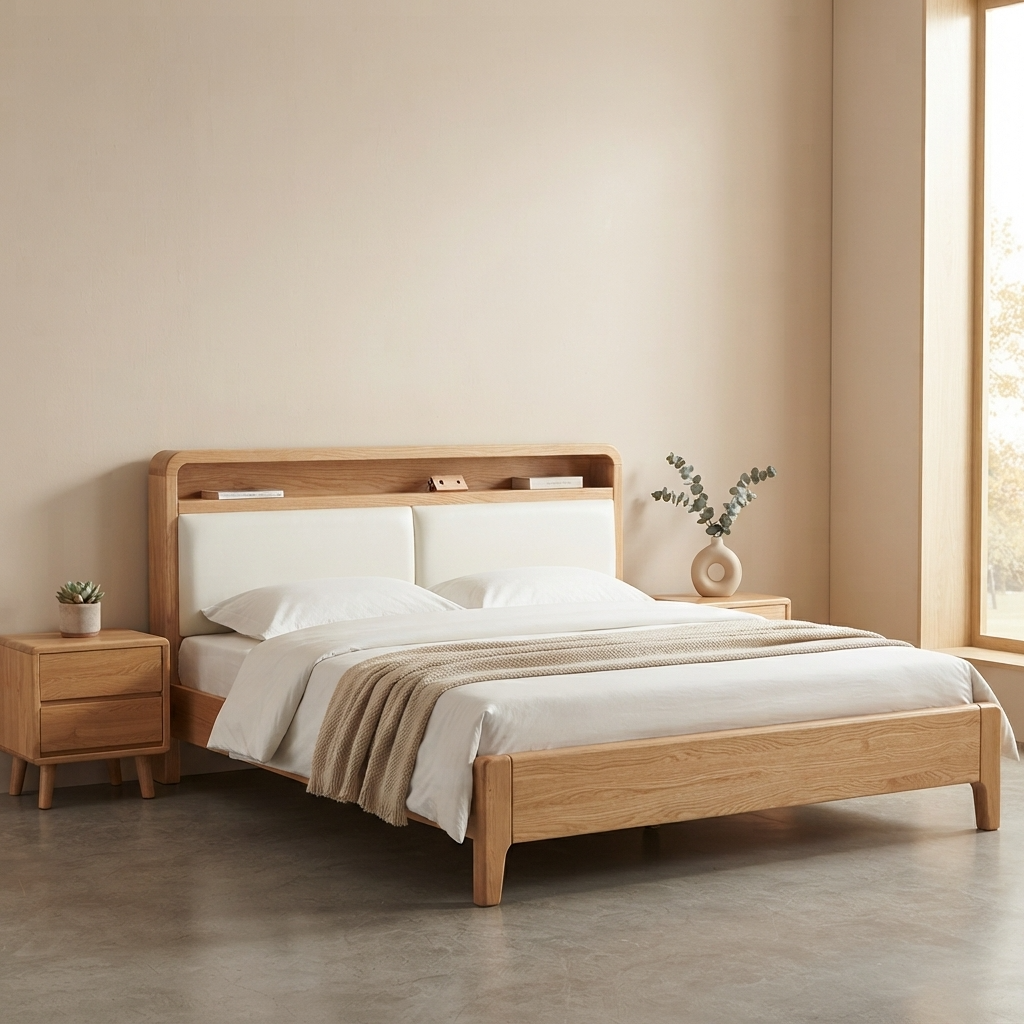 Japandi Oak Storage LED Upholstered King Bed