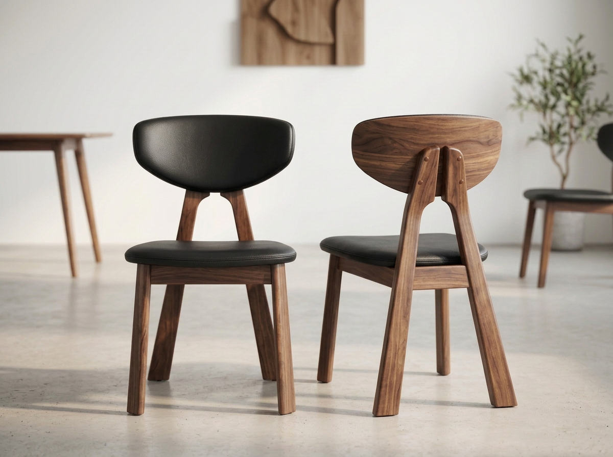 oak wood walnut dining chair black leather